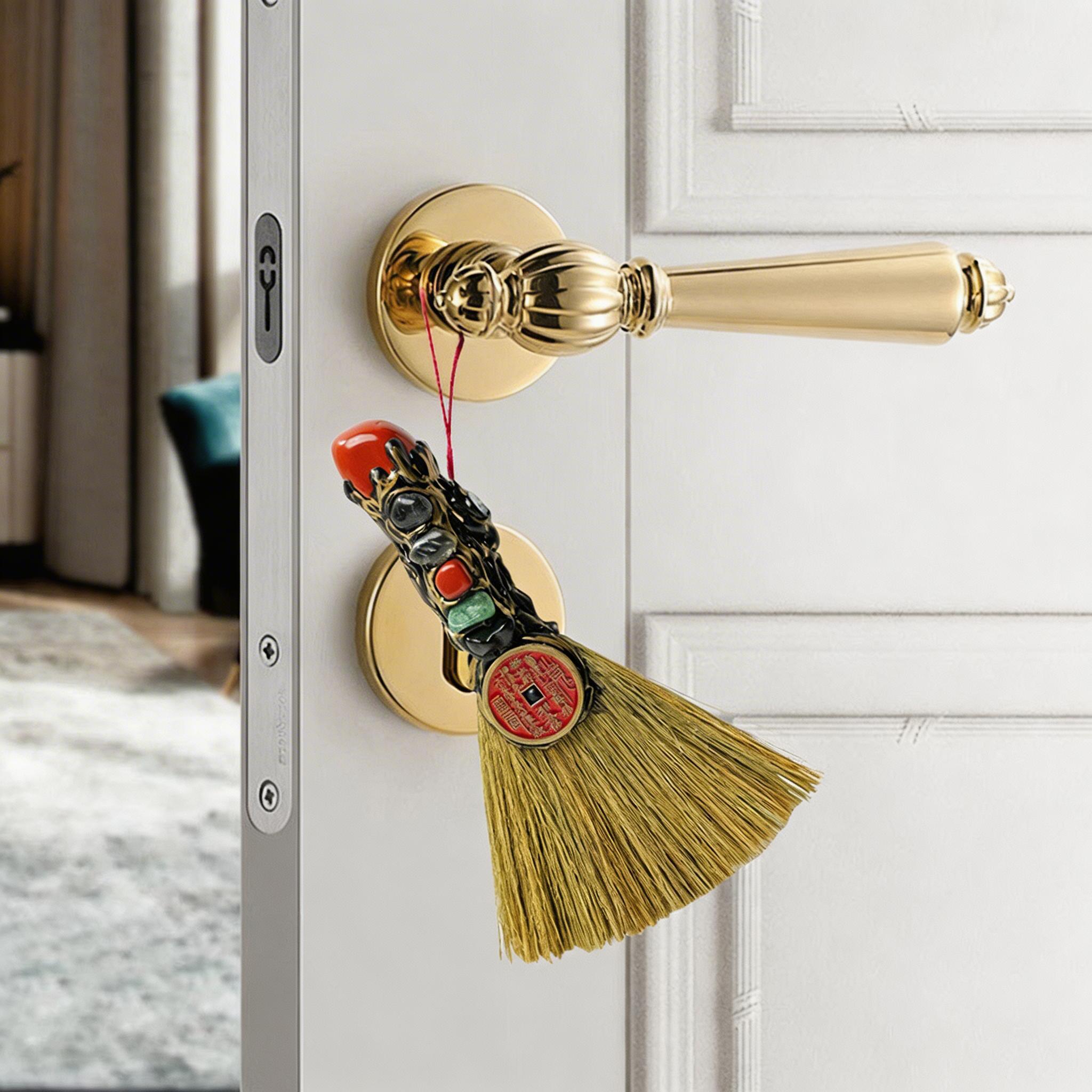 RYS Natural Crystal Shanguang Coin & Small Broom Pendant, Five Elements Stone Amulet for Entrance Door Handle