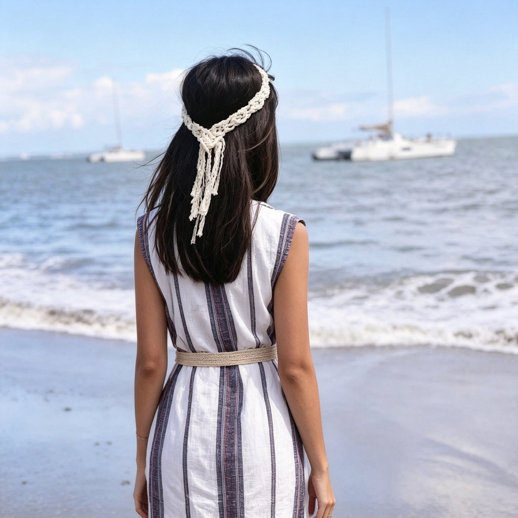 JSE Boho Bridal Headband Handwoven Cotton Crown Headpiece Wedding Hair Accessory
