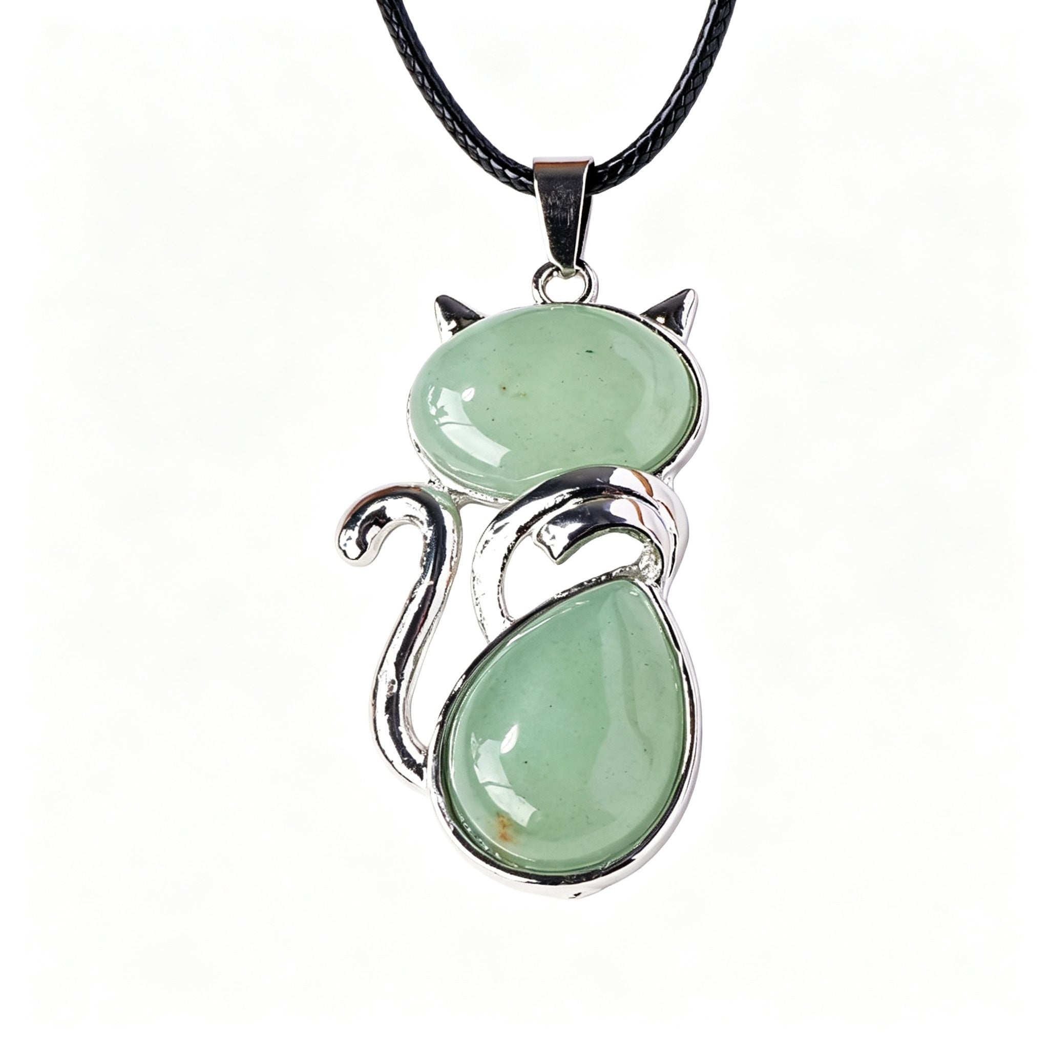 RYS Natural Crystal Gemstone Cat Pendant with Leather Cord