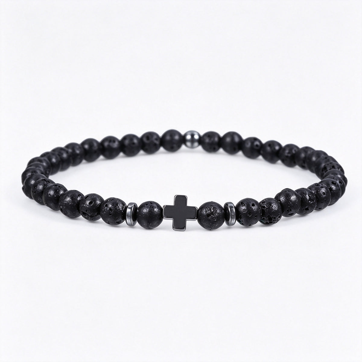 PNY Men Cross Beaded Bracelet Natural Volcanic Stone Black Obsidian Elastic Bracelet Unisex Religious Jewelry Gift