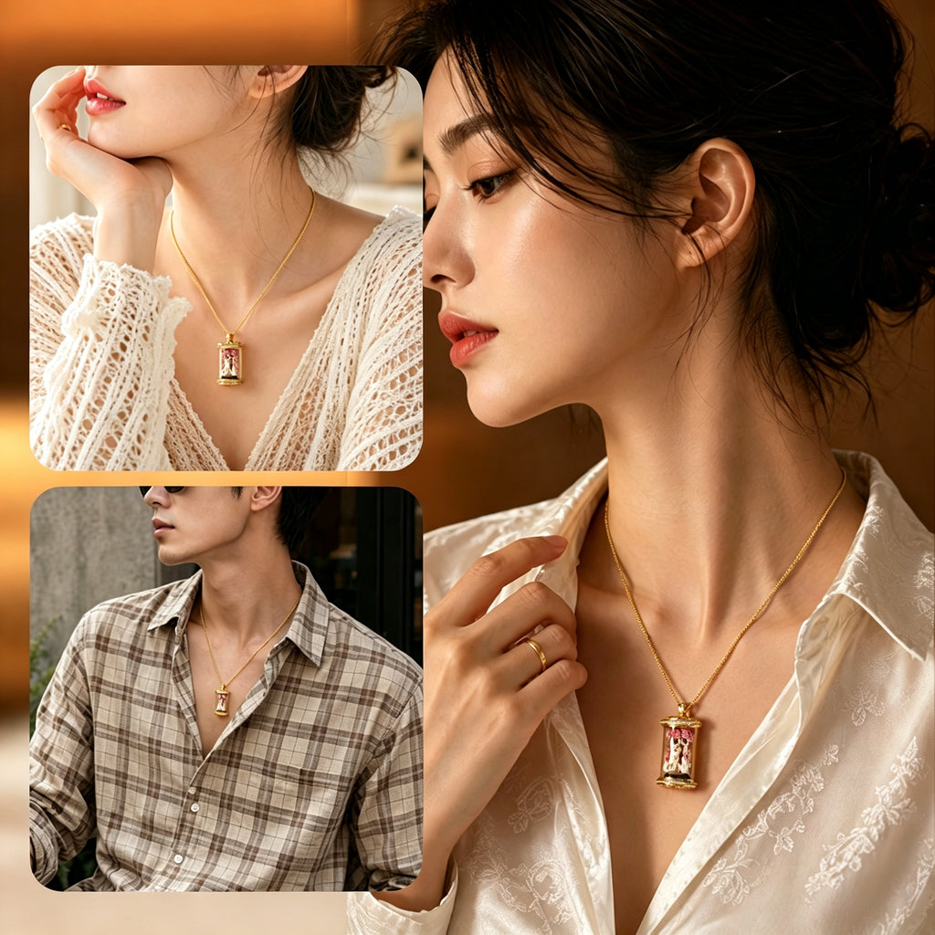 PTR Brass Hand‑painted 3D Statue Pendant Cylindrical Hollow Locket Necklace