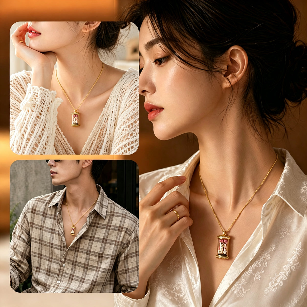 PTR Brass Hand‑painted 3D Statue Pendant Cylindrical Hollow Locket Necklace