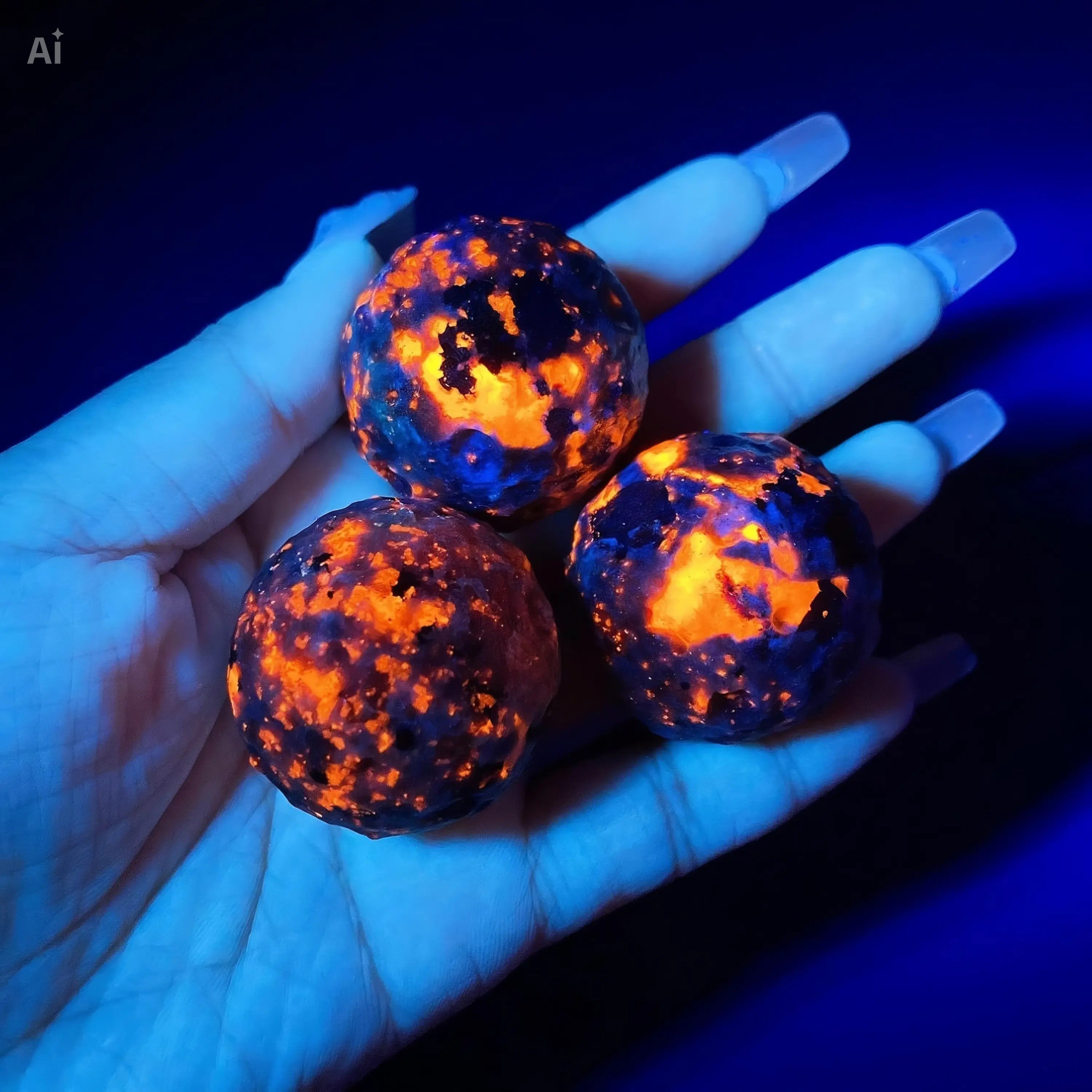 RYS Natural Flame Stone Moon Sphere Carving | UV Reactive Lunar Meteorite Crater Crystal Ball | Home Decor & Collectible Gift
