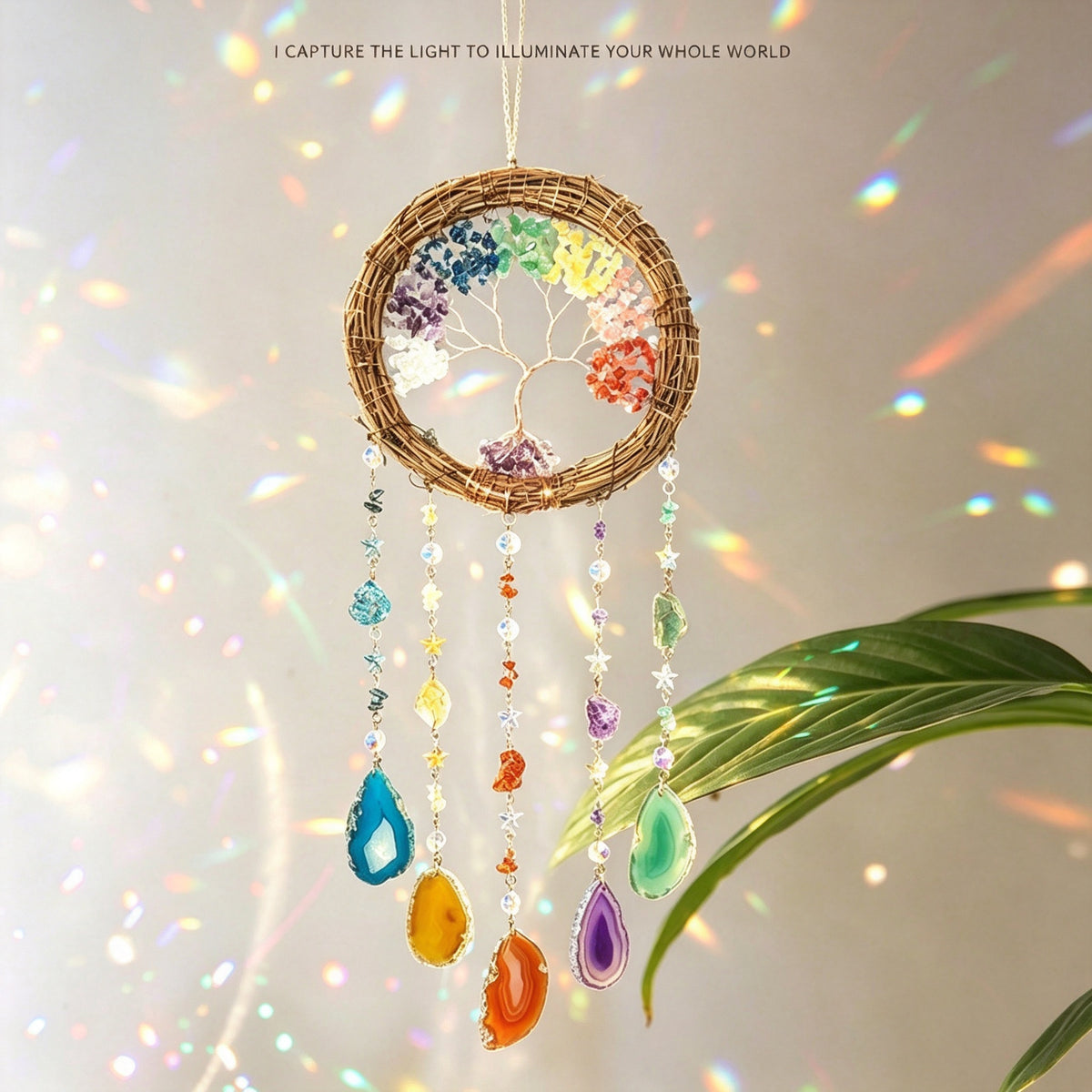 MGY Tree of Life Rattan Dreamcatcher Wind Chime, Colorful Agate Slices Wall Hanging Ornament for Living Room Bedroom Home Decor
