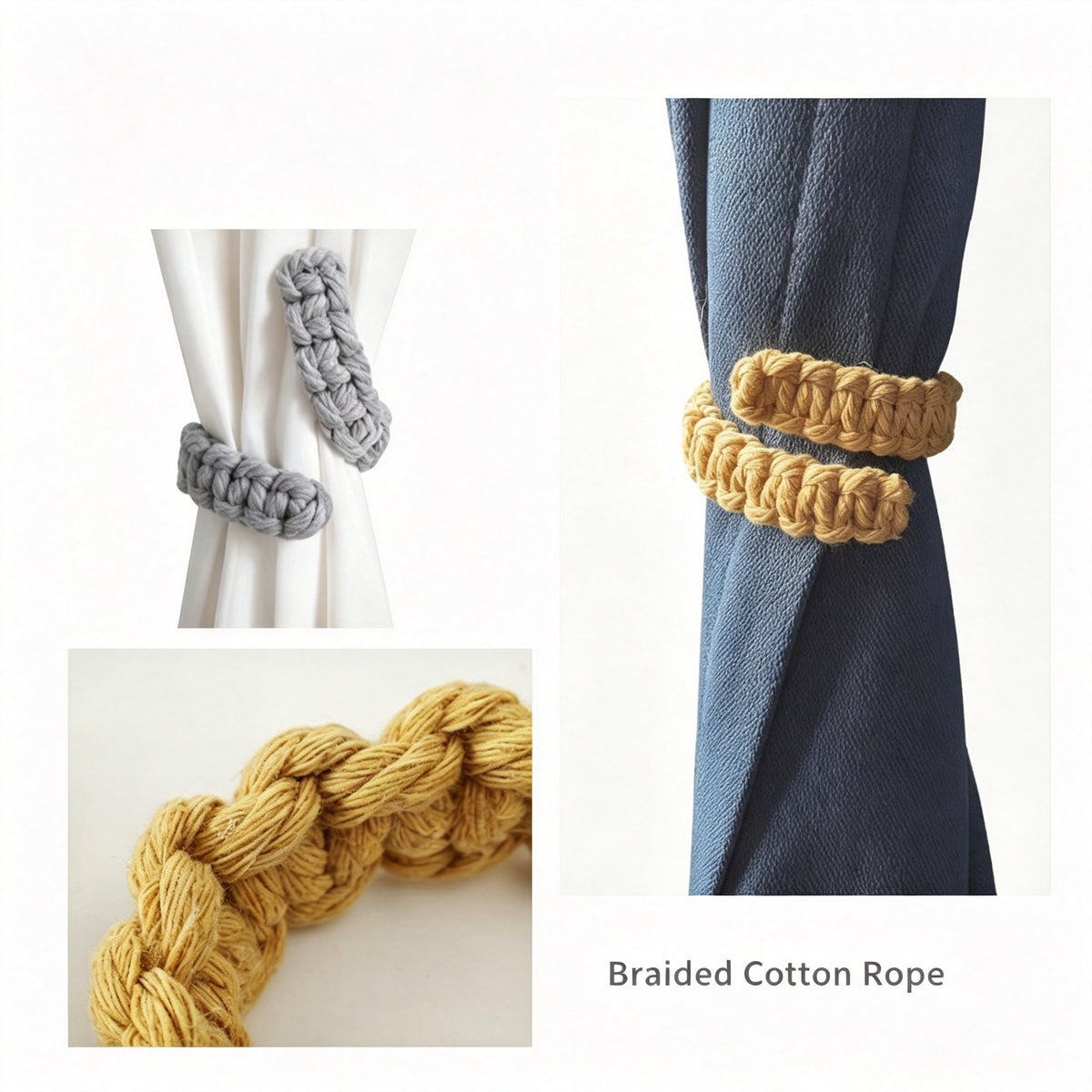 JXG Handwoven Cotton Rope Curtain Tiebacks 2 Pack Braided Curtain Holdback Rings