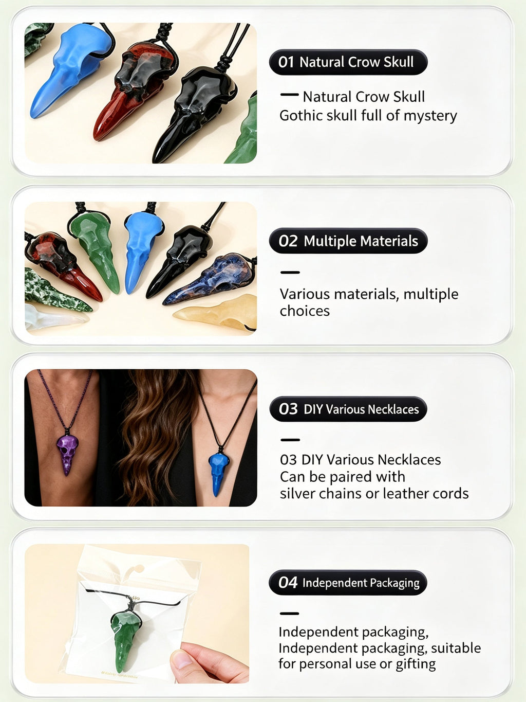 RYS Natural Crystal Crow Skull Pendant Necklace | Gothic Couple Jewelry with Handmade Black Cord