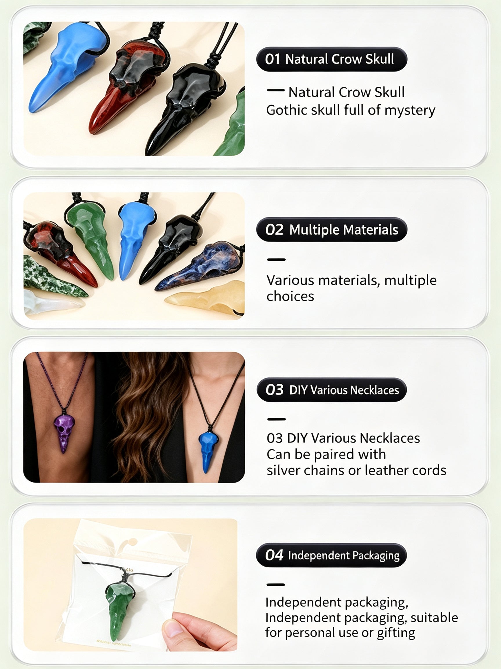 RYS Natural Crystal Crow Skull Pendant Necklace | Gothic Couple Jewelry with Handmade Black Cord
