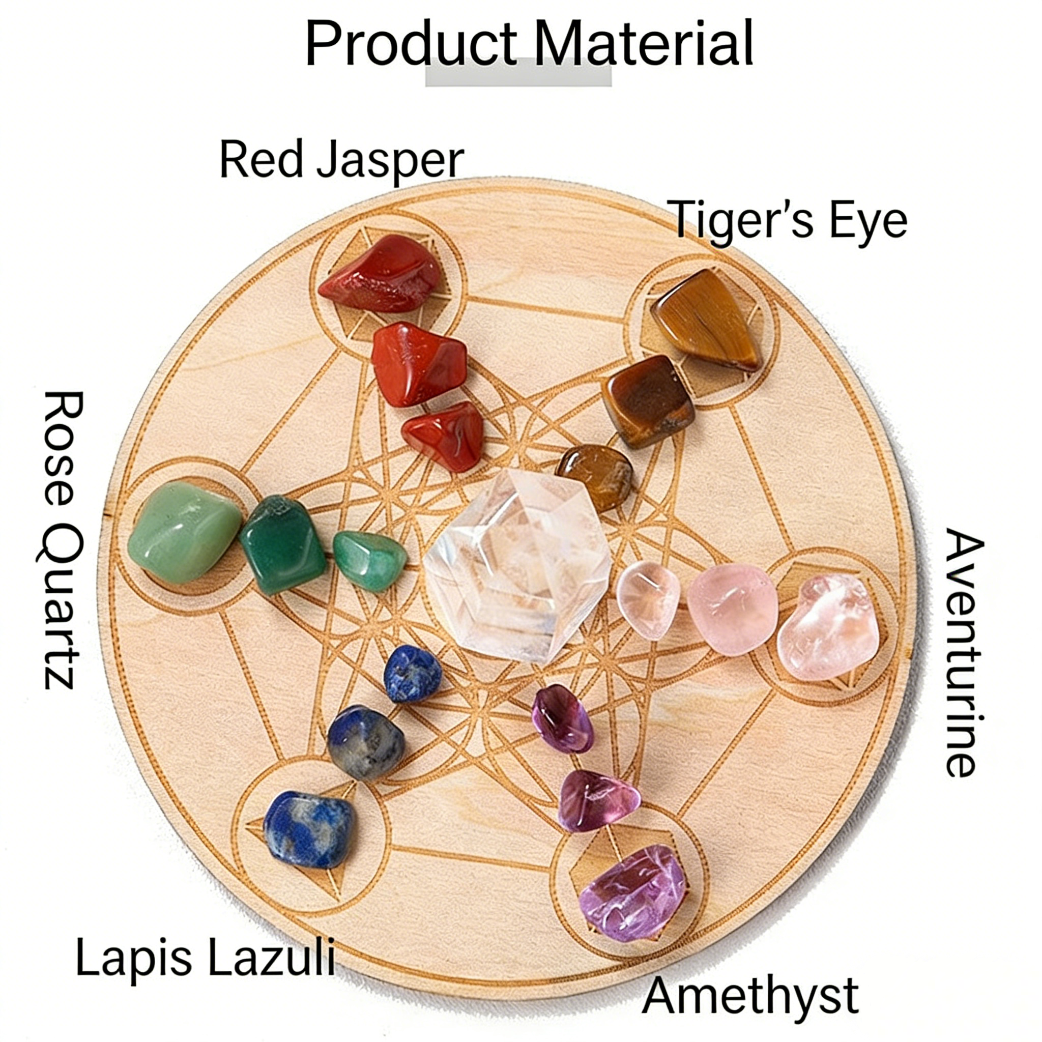 RYS Natural Clear Crystal Pillar Seven Star Array Ornament, Seven Color Gemstone Crushed Stone Wooden Disk Set