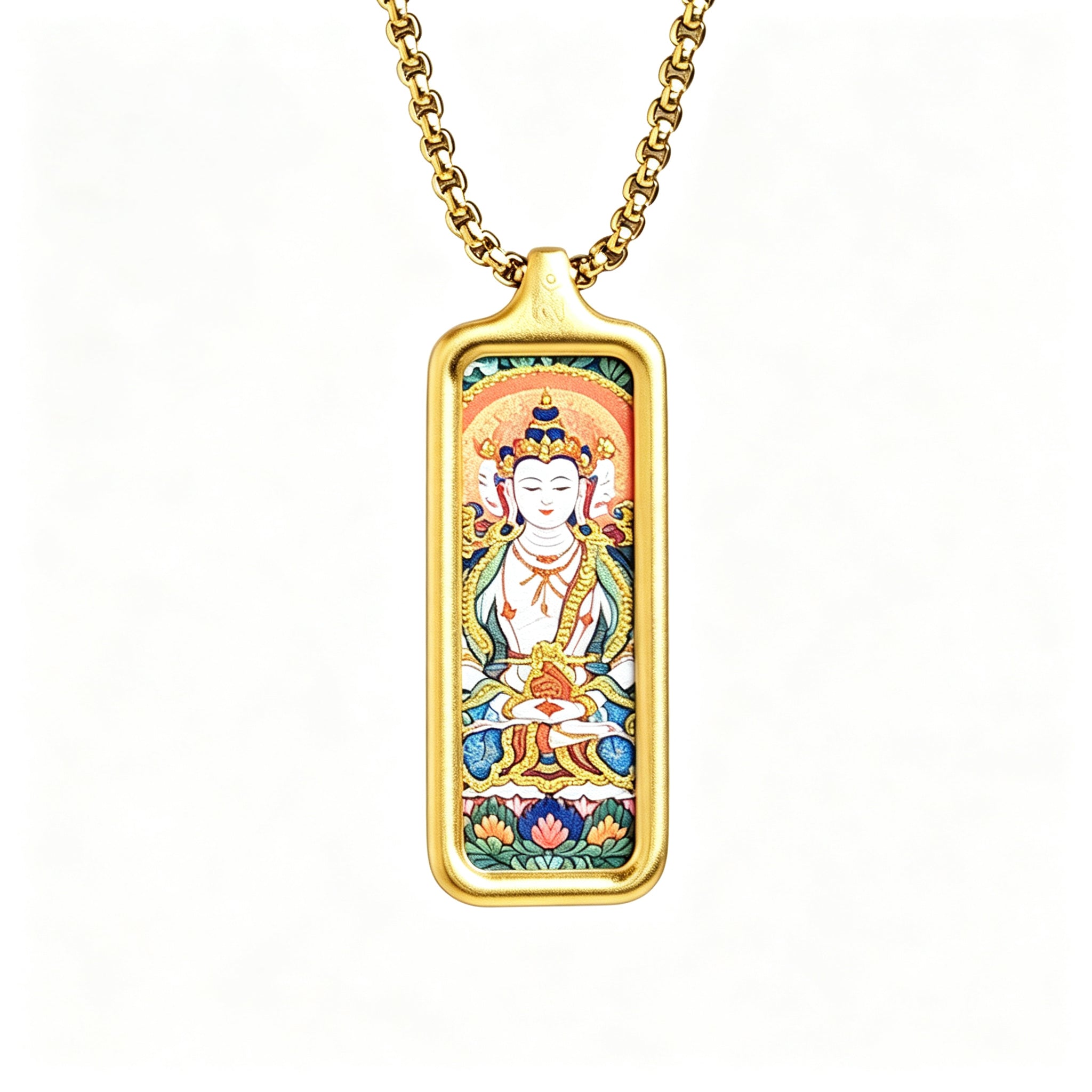 RYS Hand-Painted Thangka Buddha Pendant Necklace | 18K Gold Plated Alloy | Tibetan Patron Saint Amulet for Zodiac Signs | Spiritual Protection Jewelry