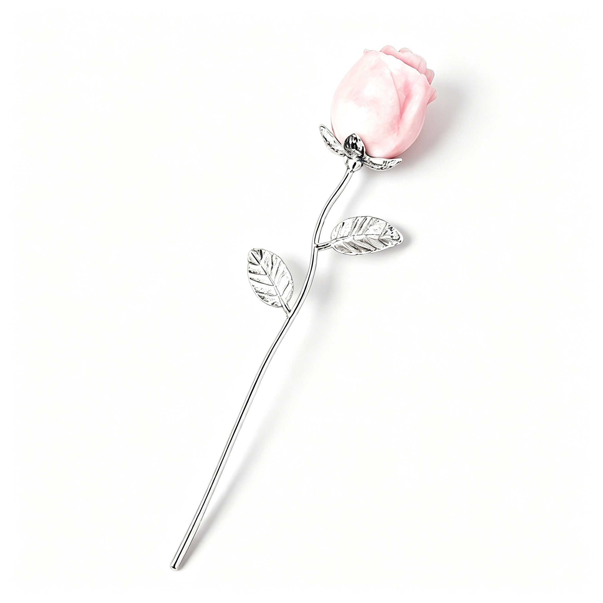 RYS Natural Crystal Rose Flower Figurine | Hand-Carved Gemstone Rose with Gold/Silver Metal Stem - Valentine's & Wedding Favor Gift
