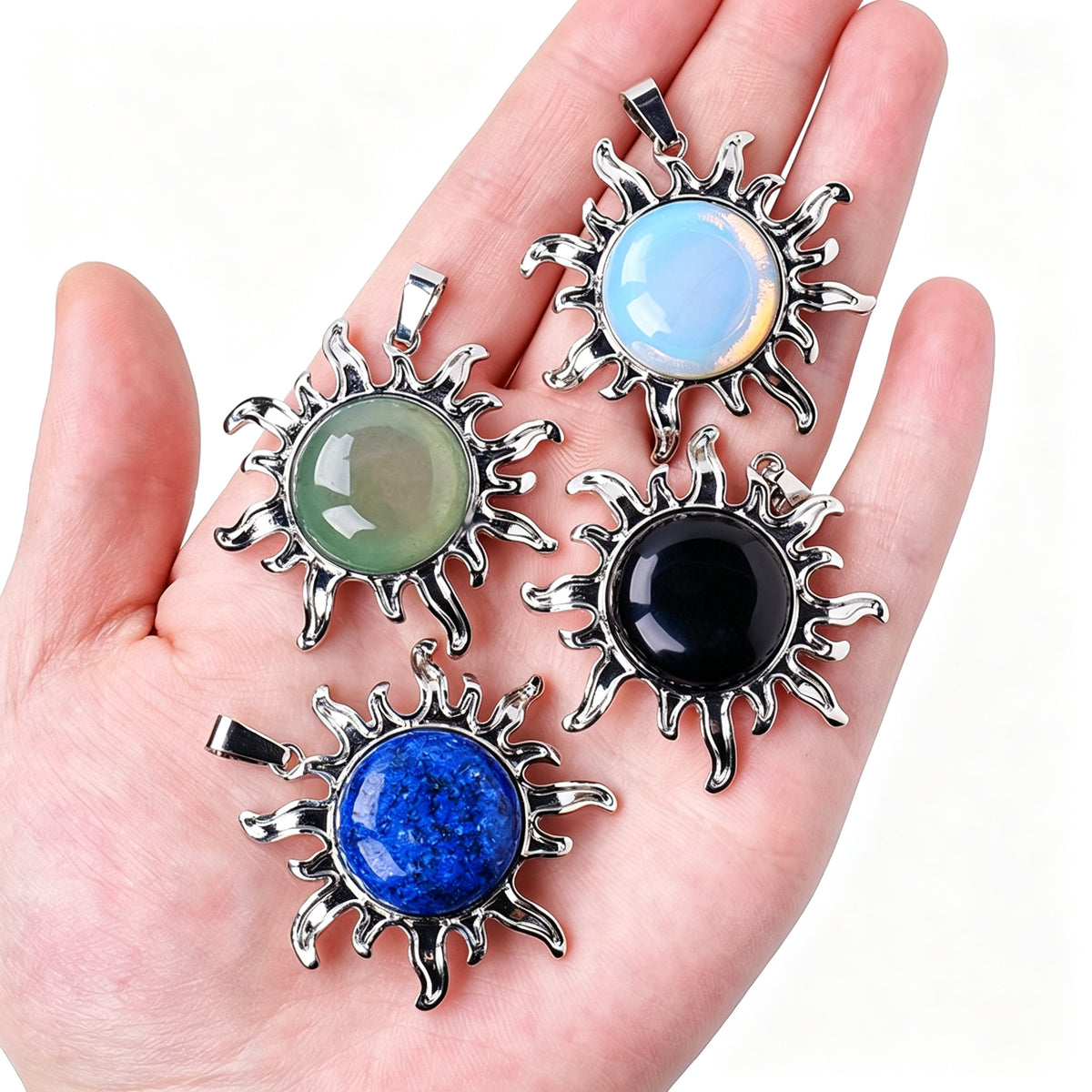 RYS Natural Gemstone Sun Pendant Vintage Alloy Charm for Necklace Jewelry Making