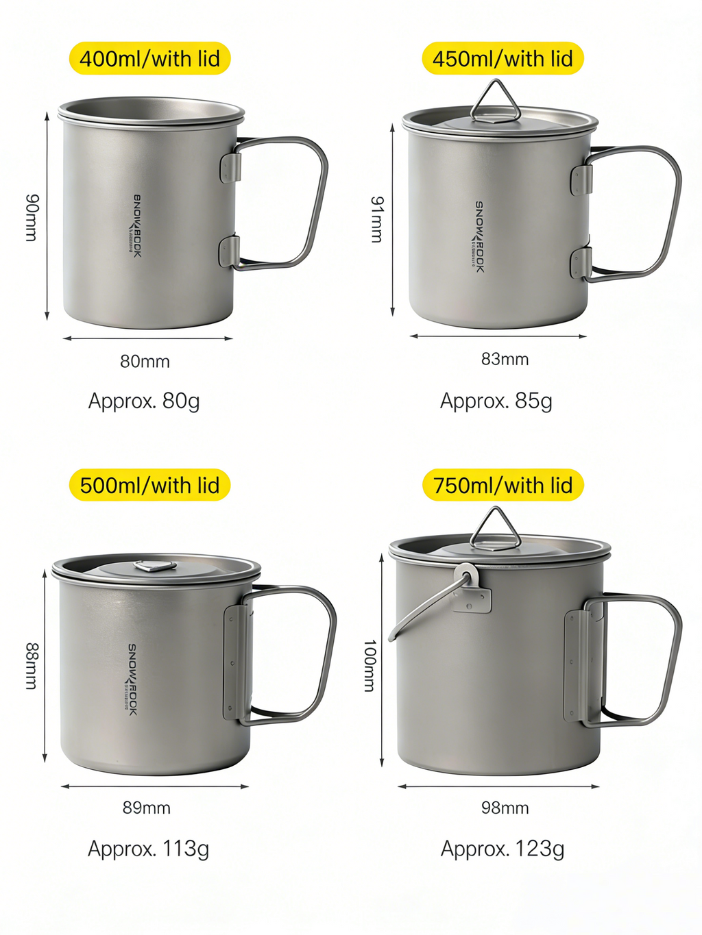 SNR Leichter Titanbecher mit Klappgriff | Tragbarer Campingbecher mit Deckel & Silikonhülle | 300ml-600ml