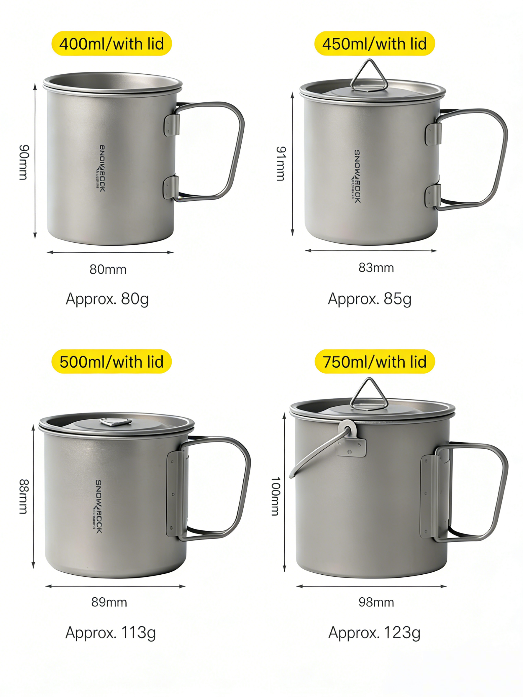 SNR Leichter Titanbecher mit Klappgriff | Tragbarer Campingbecher mit Deckel & Silikonhülle | 300ml-600ml
