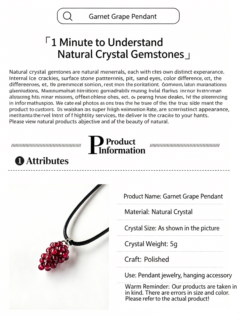 RYS Handmade Garnet Grape Pendant Necklace | Natural Red Garnet Beaded Charm with Black Leather Cord