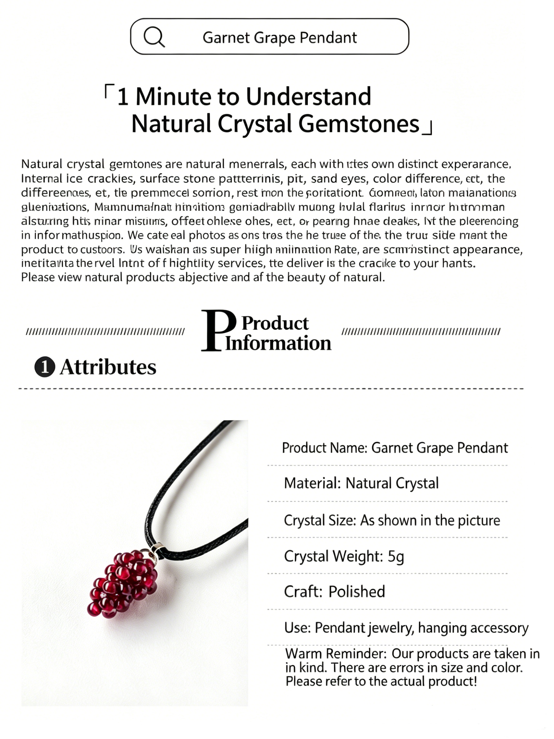 RYS Handmade Garnet Grape Pendant Necklace | Natural Red Garnet Beaded Charm with Black Leather Cord