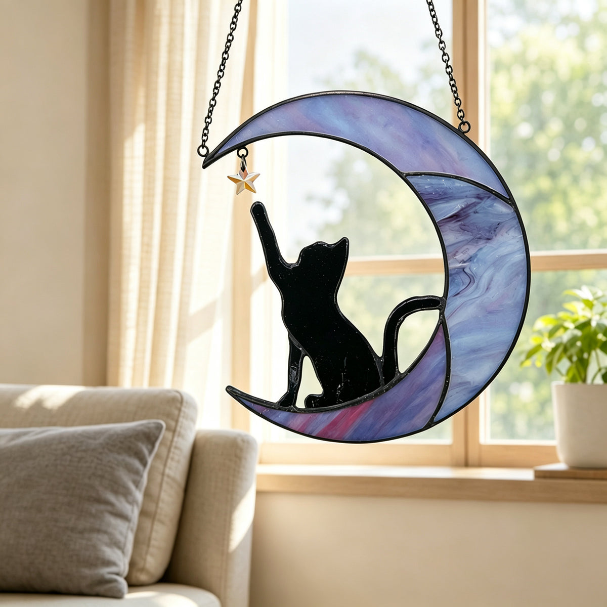 YAP Cat Moon Stained‑Glass Suncatcher Hanging Ornament, Window Wall Home Decor Gift