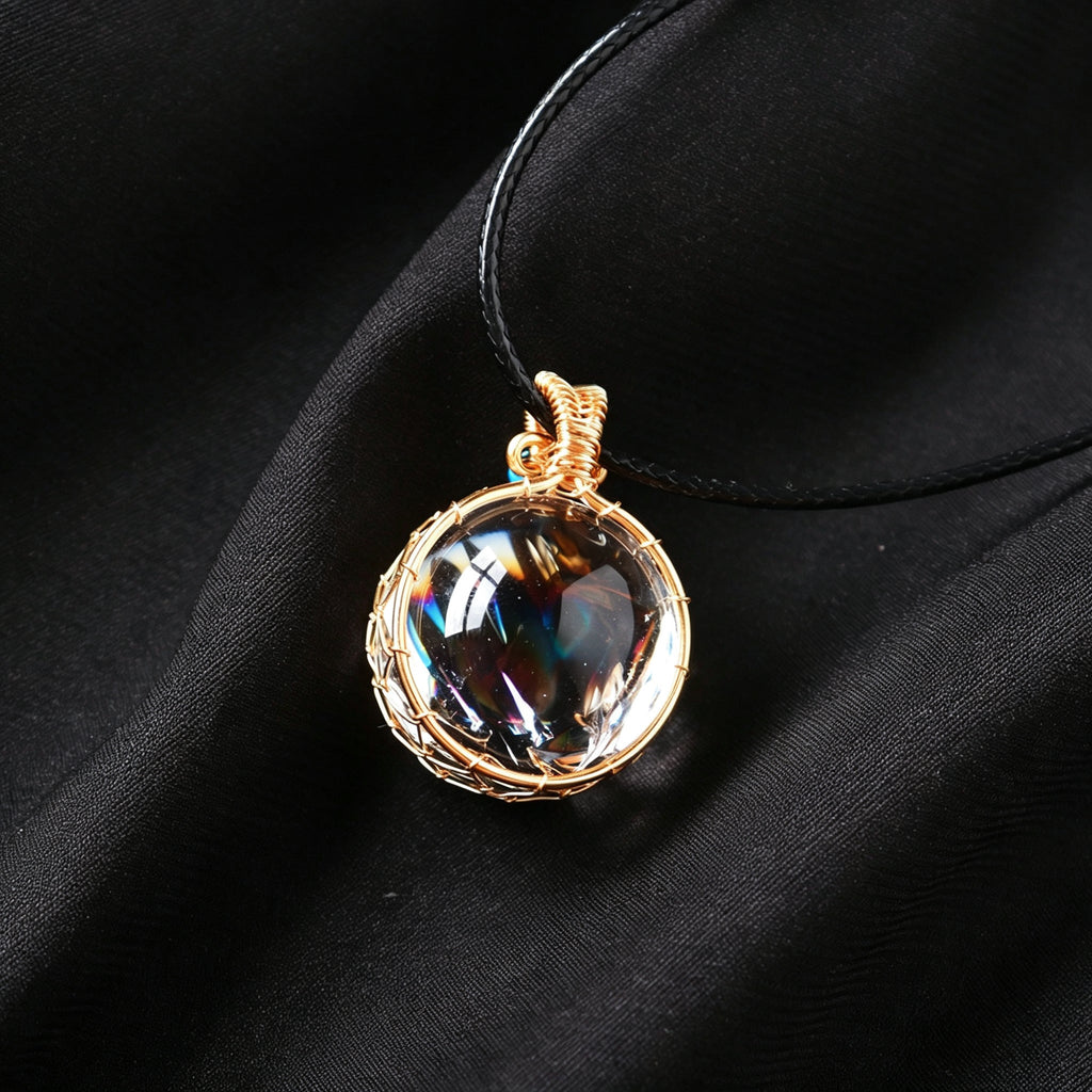RYS Natural Azeztulite Rainbow Crystal Ball Pendant Necklace with Leather Cord