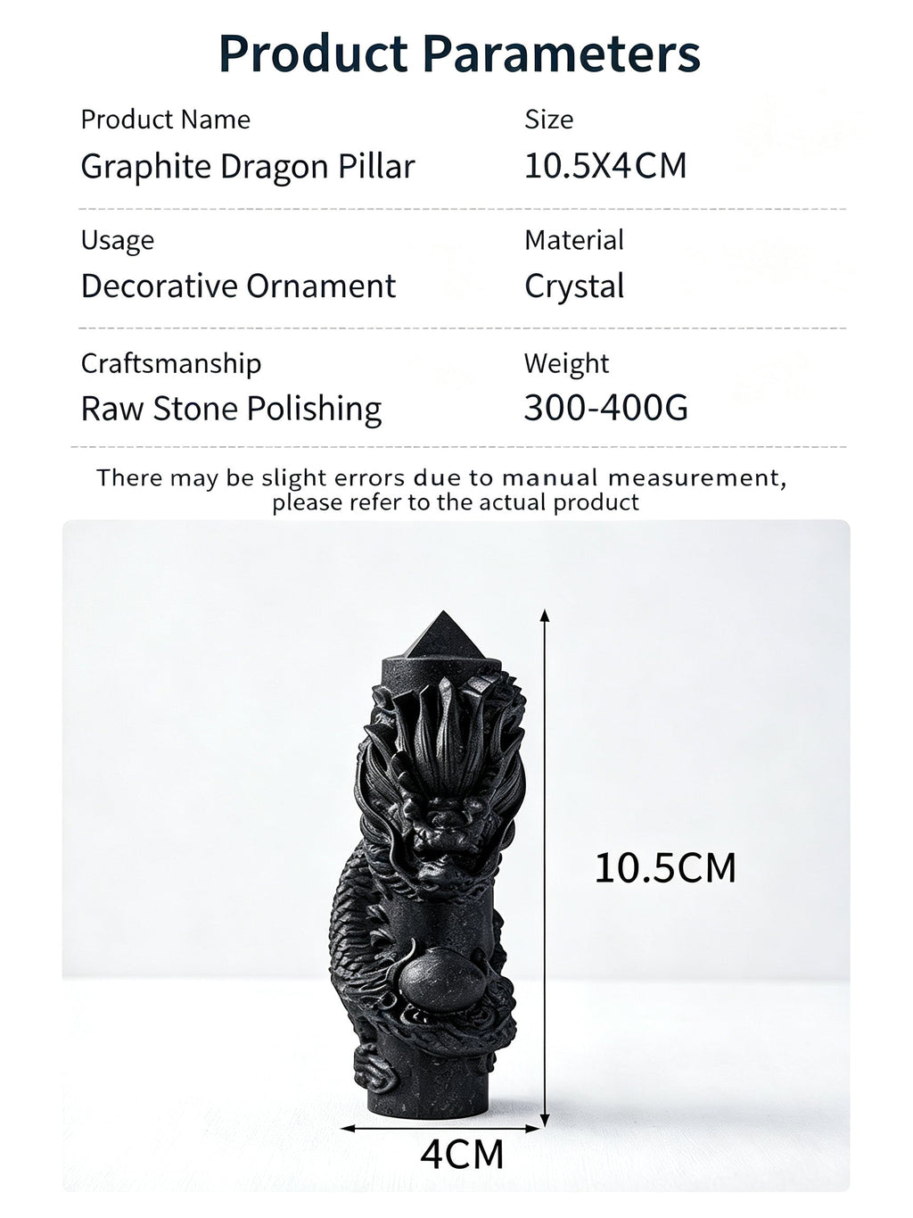 RYS Natural Russian Shungite Dragon Pillar Ornament | Hand-Carved Crystal Sculpture (Eastern/Western Dragon, 2 Sizes)