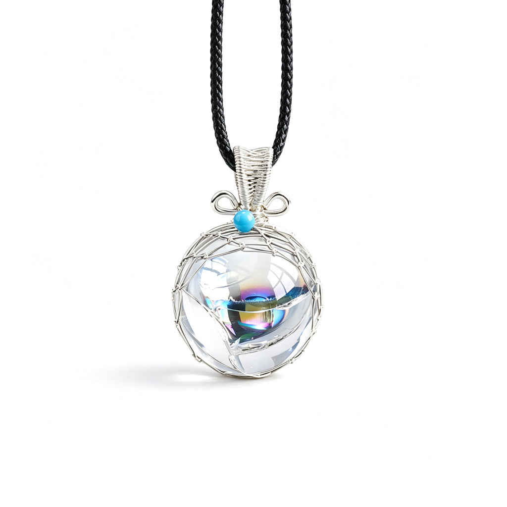 RYS Natural Azeztulite Rainbow Crystal Ball Pendant Necklace with Leather Cord