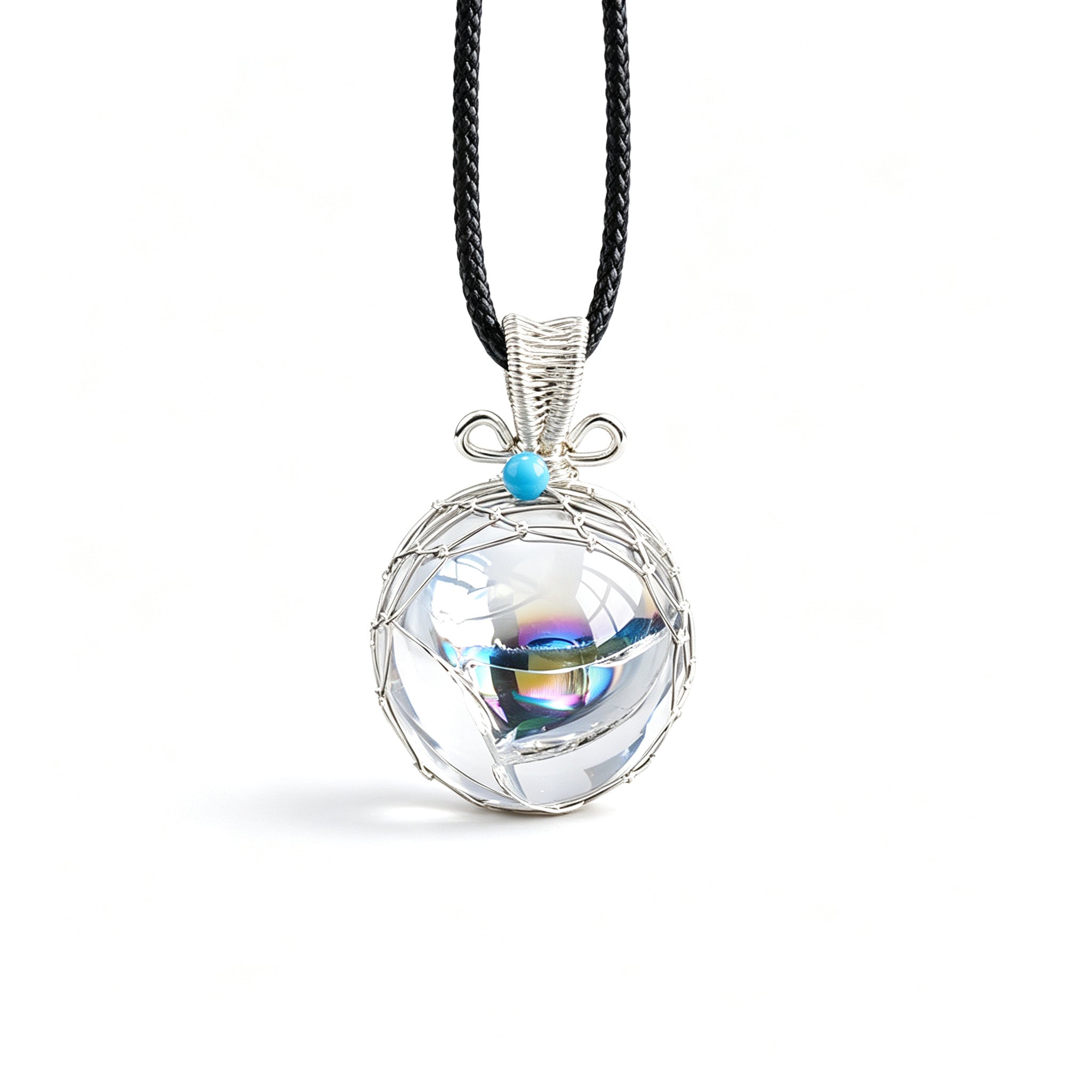 RYS Natural Azeztulite Rainbow Crystal Ball Pendant Necklace with Leather Cord