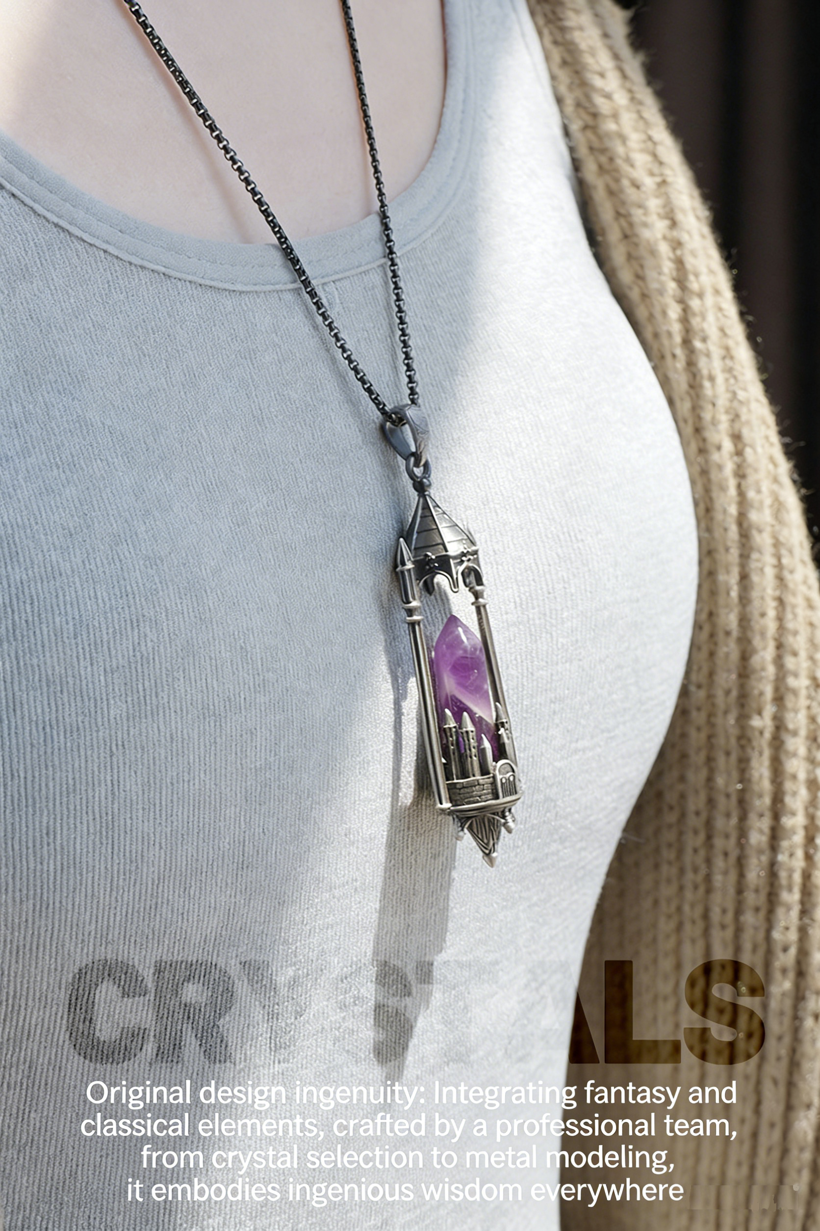 RYS Fantasy Castle Natural Crystal Point Pendant | Multi-Metal (Titanium/Silver/Gold) Options, Includes Chain