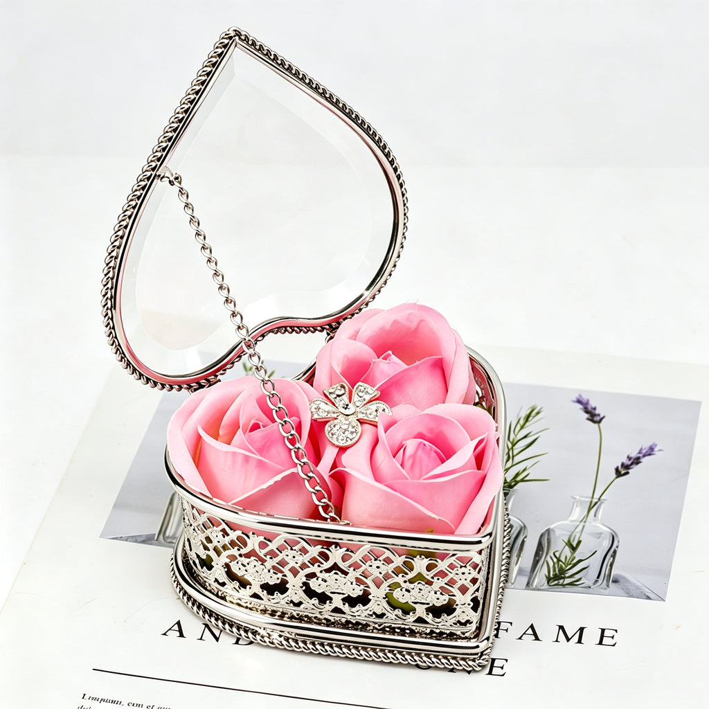 YAP Heart‑Shaped Glass Metal Jewelry Box Ring Earring Storage Decor Gift Box