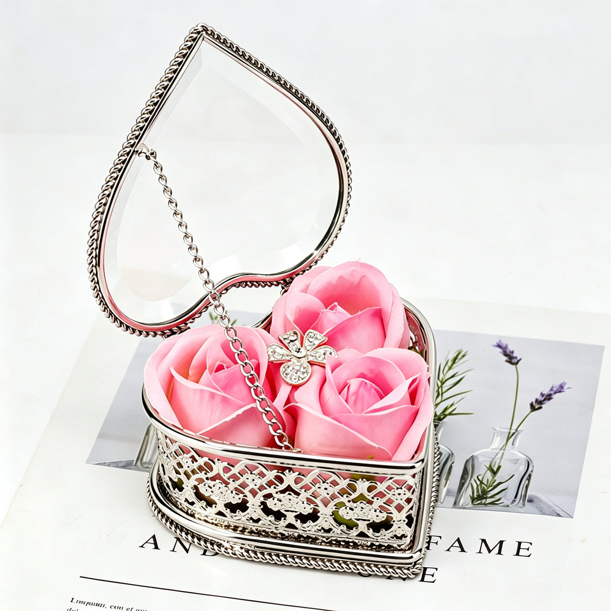 YAP Heart‑Shaped Glass Metal Jewelry Box Ring Earring Storage Decor Gift Box