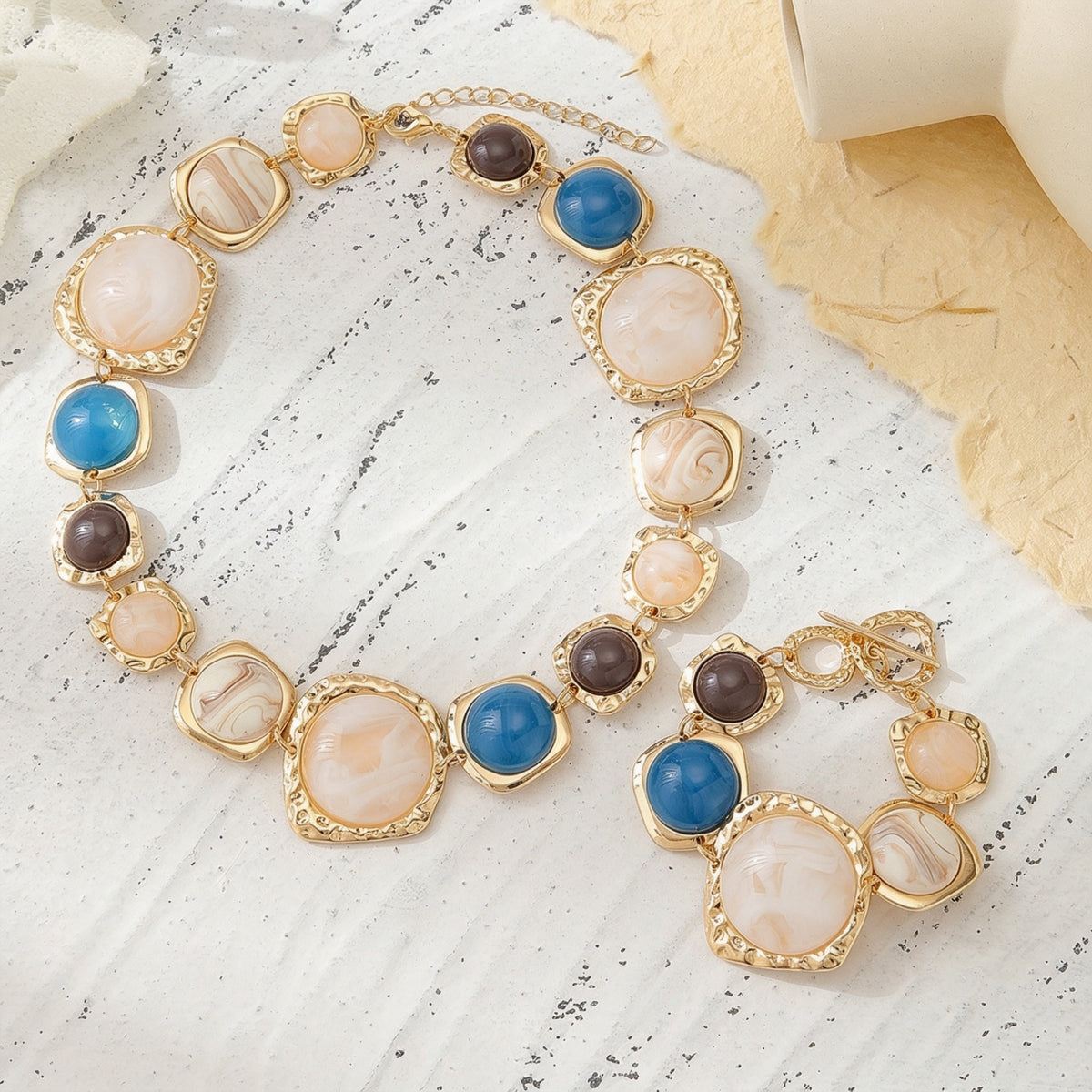 PNY Vintage Geometric Resin Necklace Bracelet Set, Retro Irregular Color Block Chunky Jewelry for Women