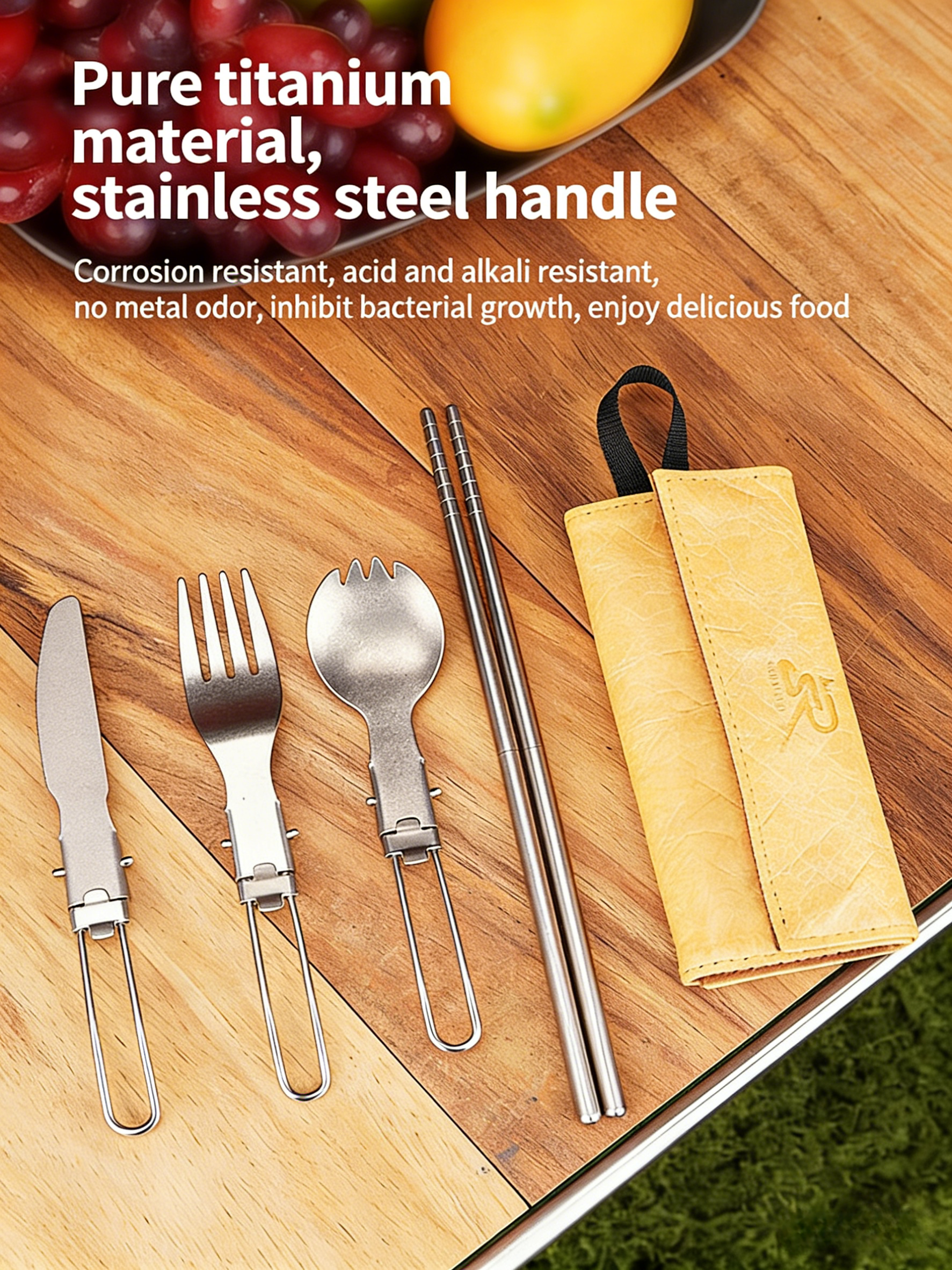 SNR Reines Titan Faltbares Besteckset, Leichtgewicht Gabel Löffel Essstäbchen 4-teiliges Set für Outdoor Camping