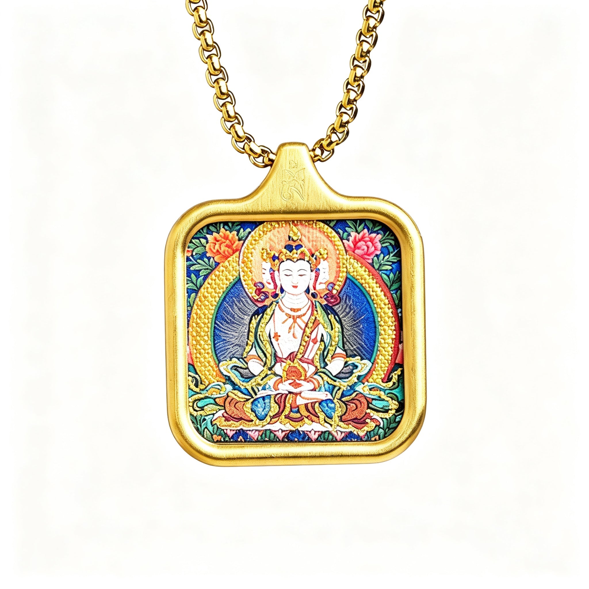 RYS Hand-Painted Thangka Buddha Pendant Necklace | 18K Gold Plated Alloy | Tibetan Patron Saint Amulet for Zodiac Signs | Spiritual Protection Jewelry