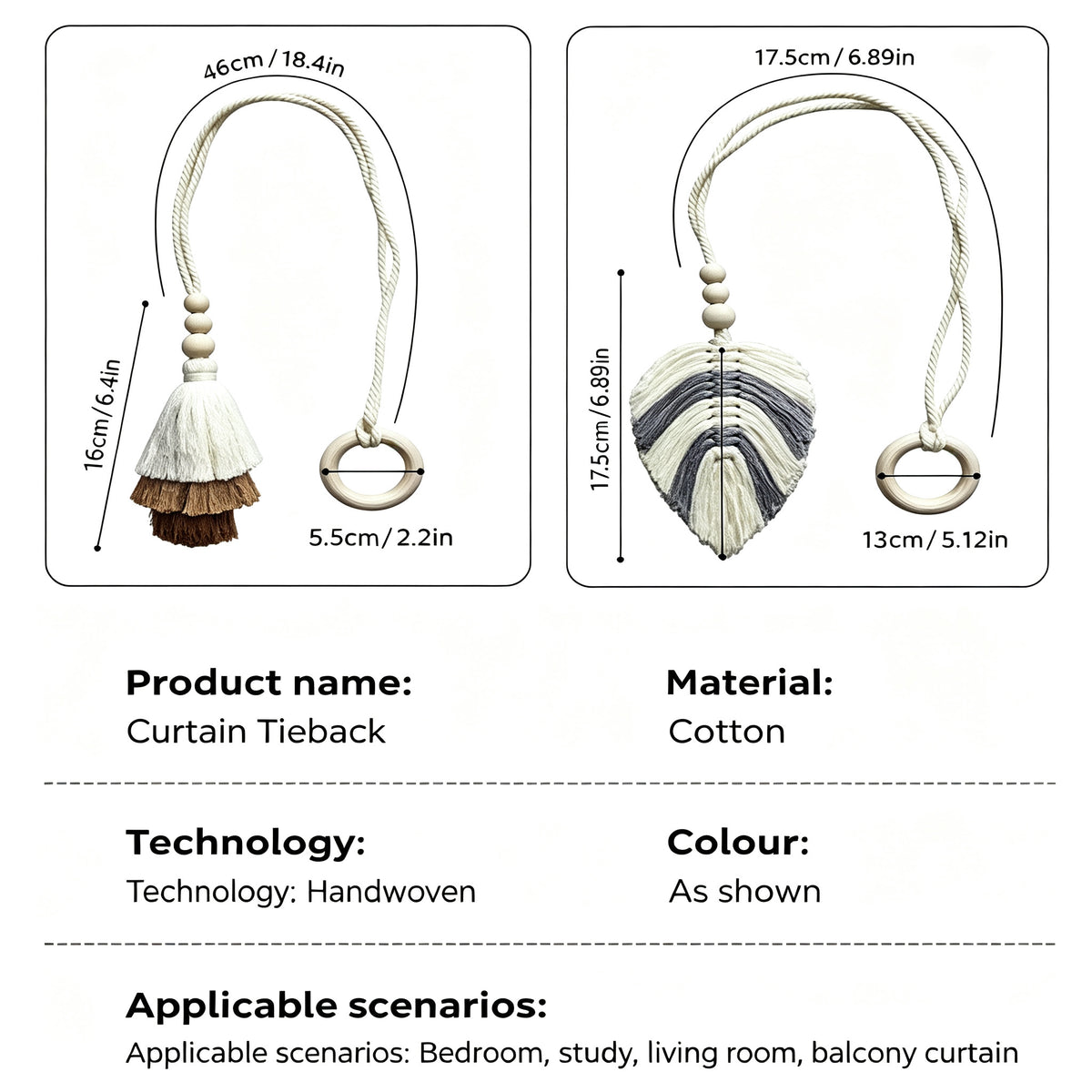 JXG Handwoven Cotton Curtain Tieback Set of 2