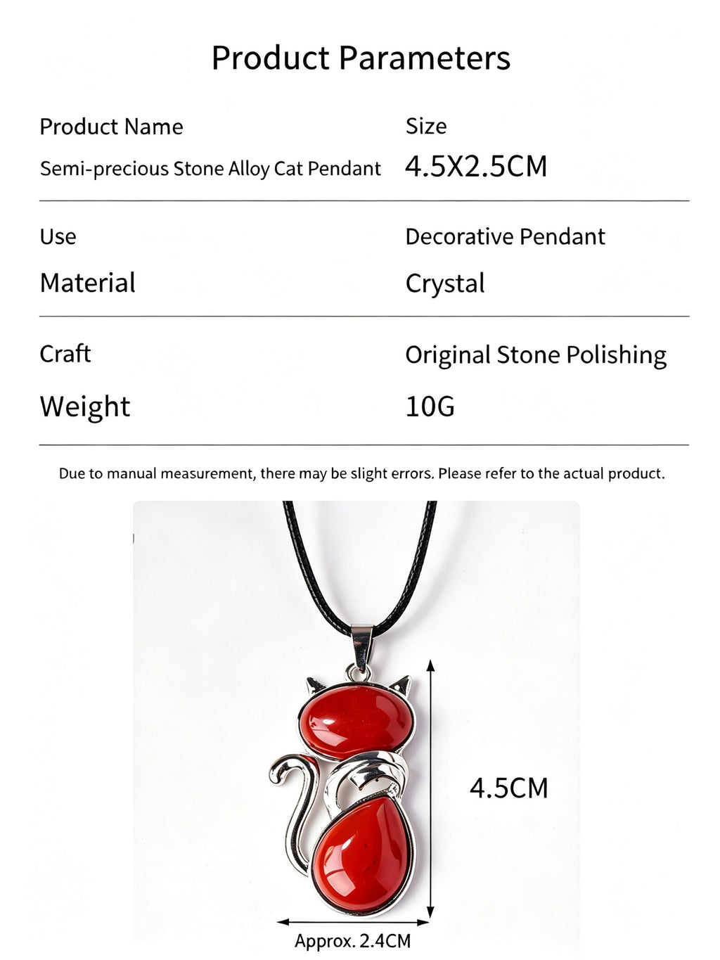 RYS Natural Crystal Gemstone Cat Pendant with Leather Cord