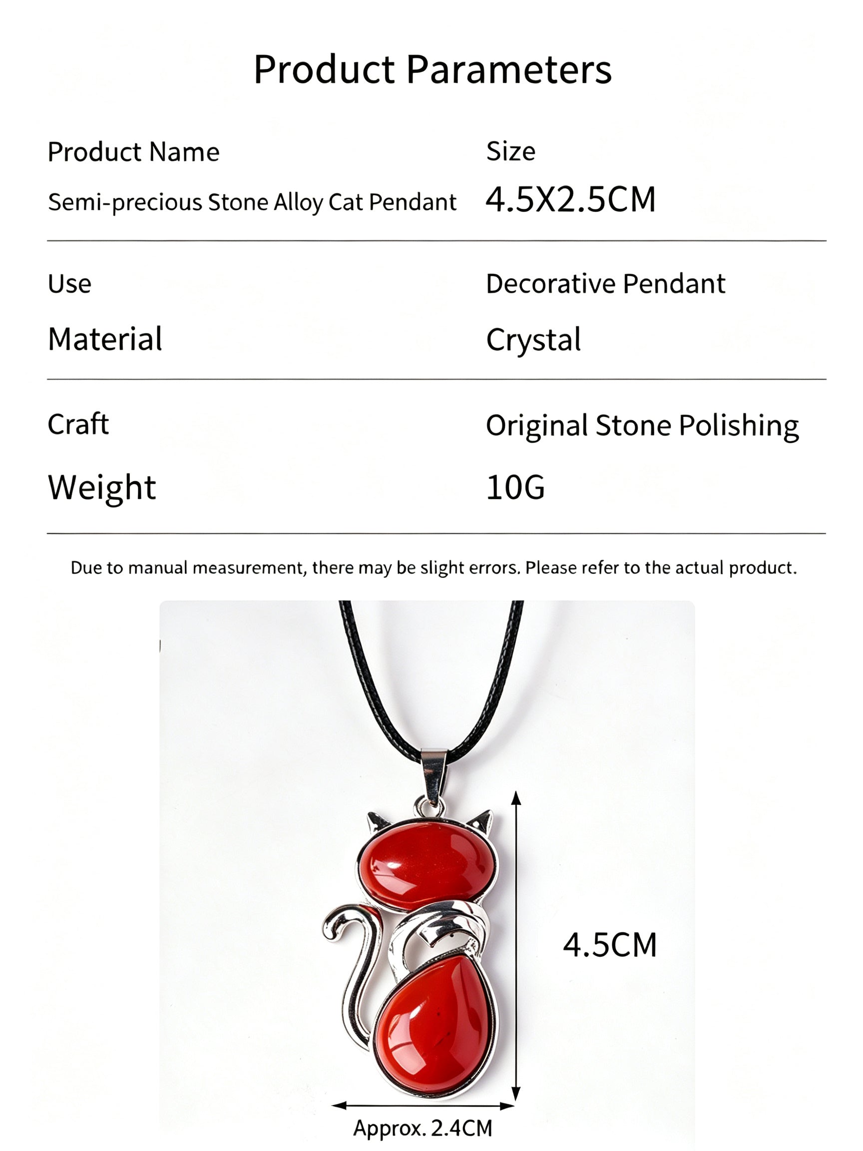 RYS Natural Crystal Gemstone Cat Pendant with Leather Cord