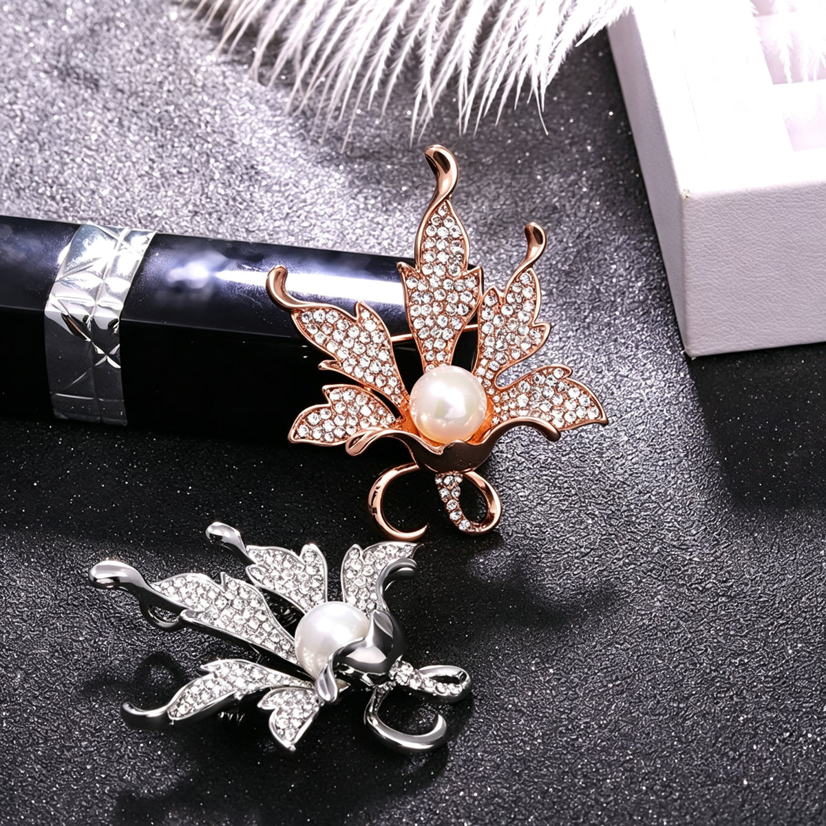 QZY Minimalist Maple Leaf Pearl Rhinestone Brooch, Electroplated Alloy Pin for Women Daily & Winter Outfits