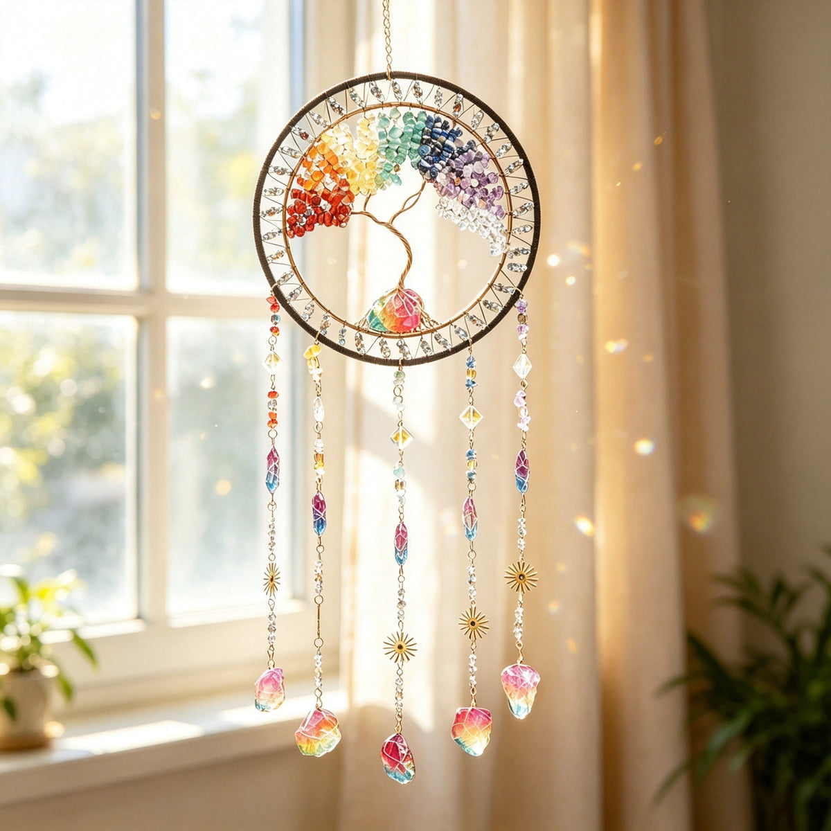 MGY Tree of Life Dreamcatcher Wind Chime, Natural Crystal Stone Boho Wall Hanging Decor