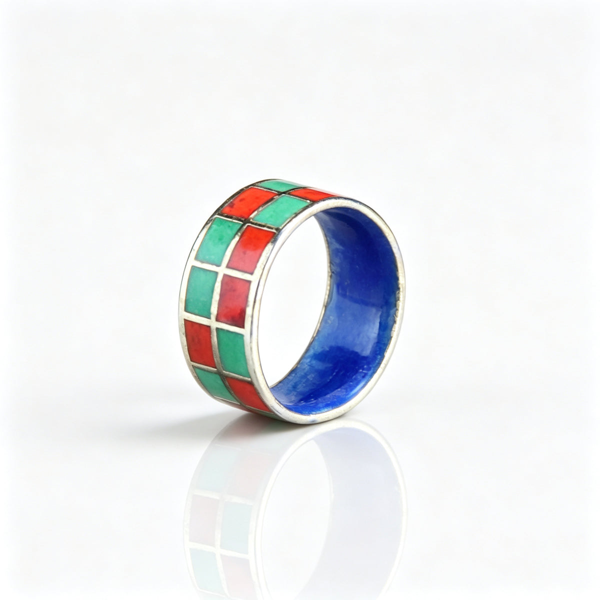 JCJ Vintage Cloisonné Enamel Checkered Ring 1980s era Chinese Collectible Jewelry