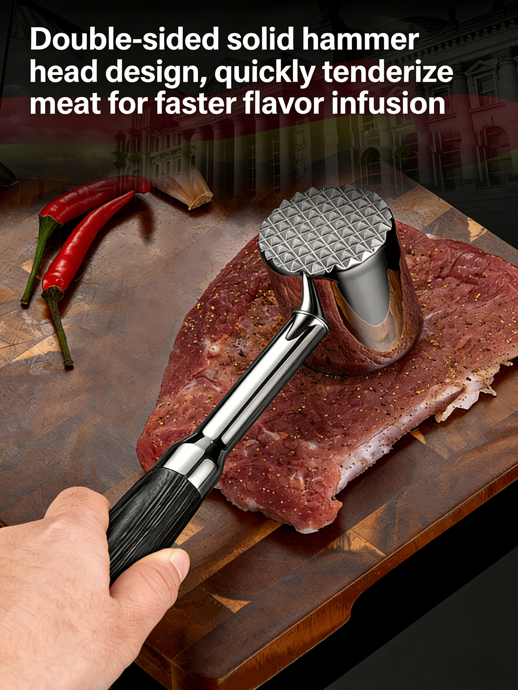 HGD 304 Stainless Steel Meat Tenderizer Hammer | Dual-Sided Meat Mallet with Rosewood Handle | Kitchen Tool for Tenderizing Steak, Pork & Chicken