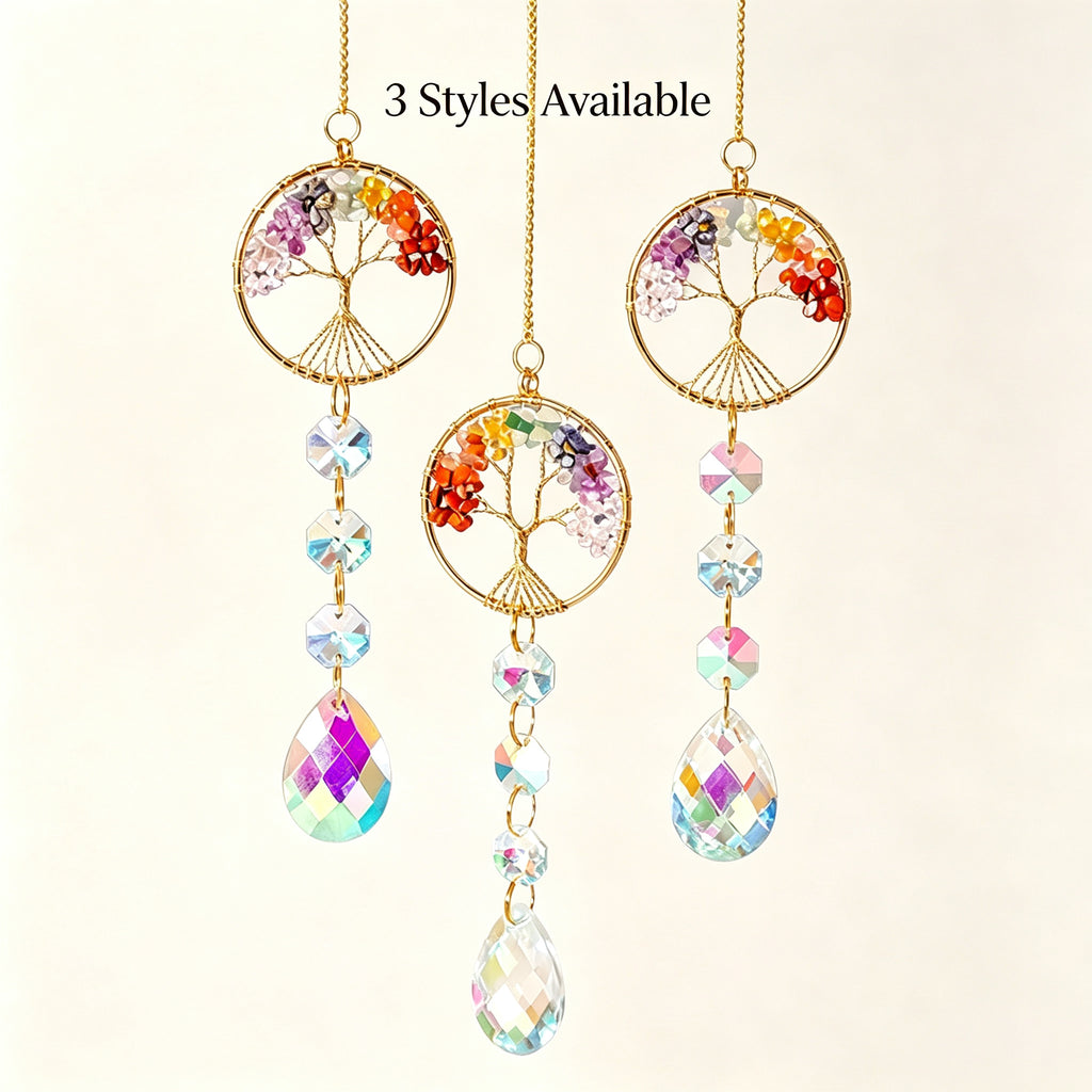 RYS Natural Crystal Tree of Life Suncatcher, Rainbow‑Drop Crystal Hanging Ornament for Window, Car & Home Decor