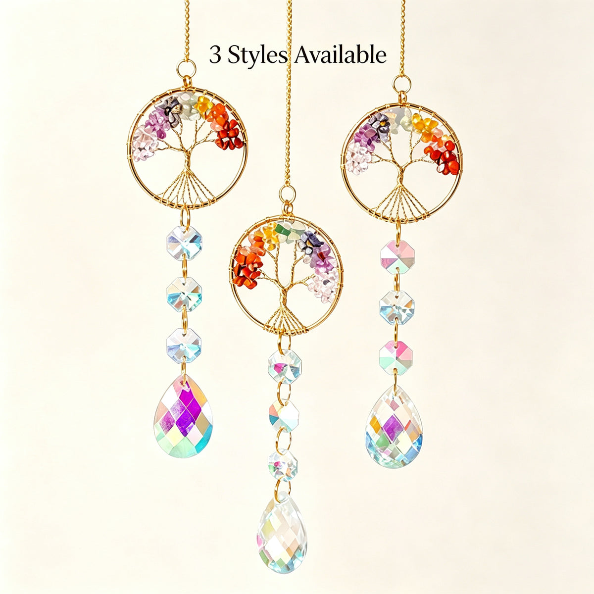 RYS Natural Crystal Tree of Life Suncatcher, Rainbow‑Drop Crystal Hanging Ornament for Window, Car & Home Decor