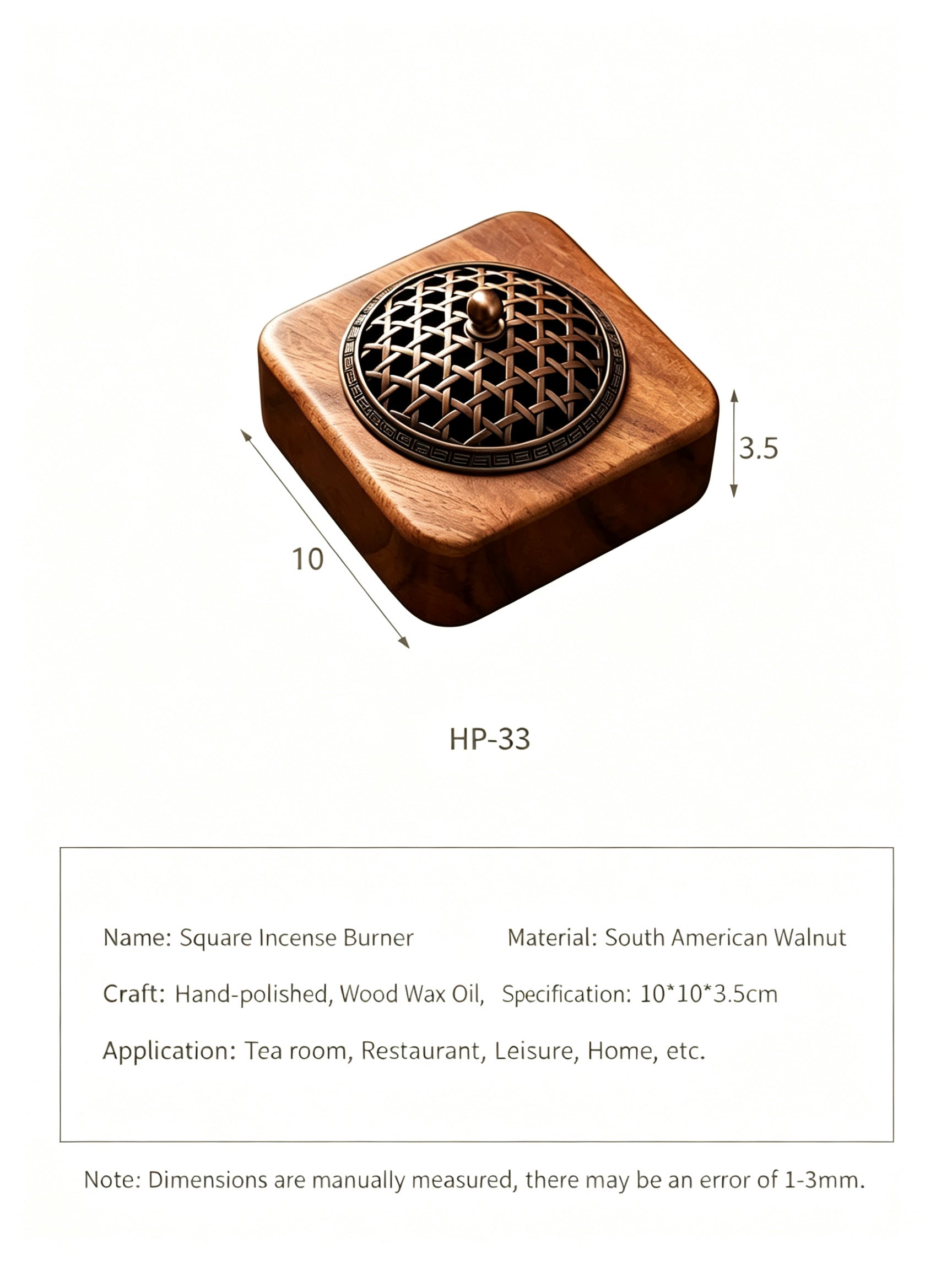 RYS Premium South American Walnut Incense Burner - Square Zen Censer for Crystal Cleansing & Home Aromatherapy