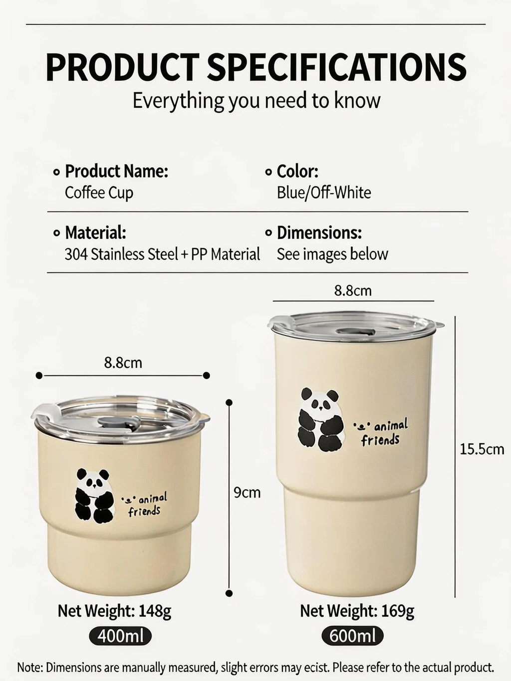 HGD Cute Panda Insulated Coffee Cup with Straw & Lid | 400/600ml Animal Theme Stainless Steel Tumbler