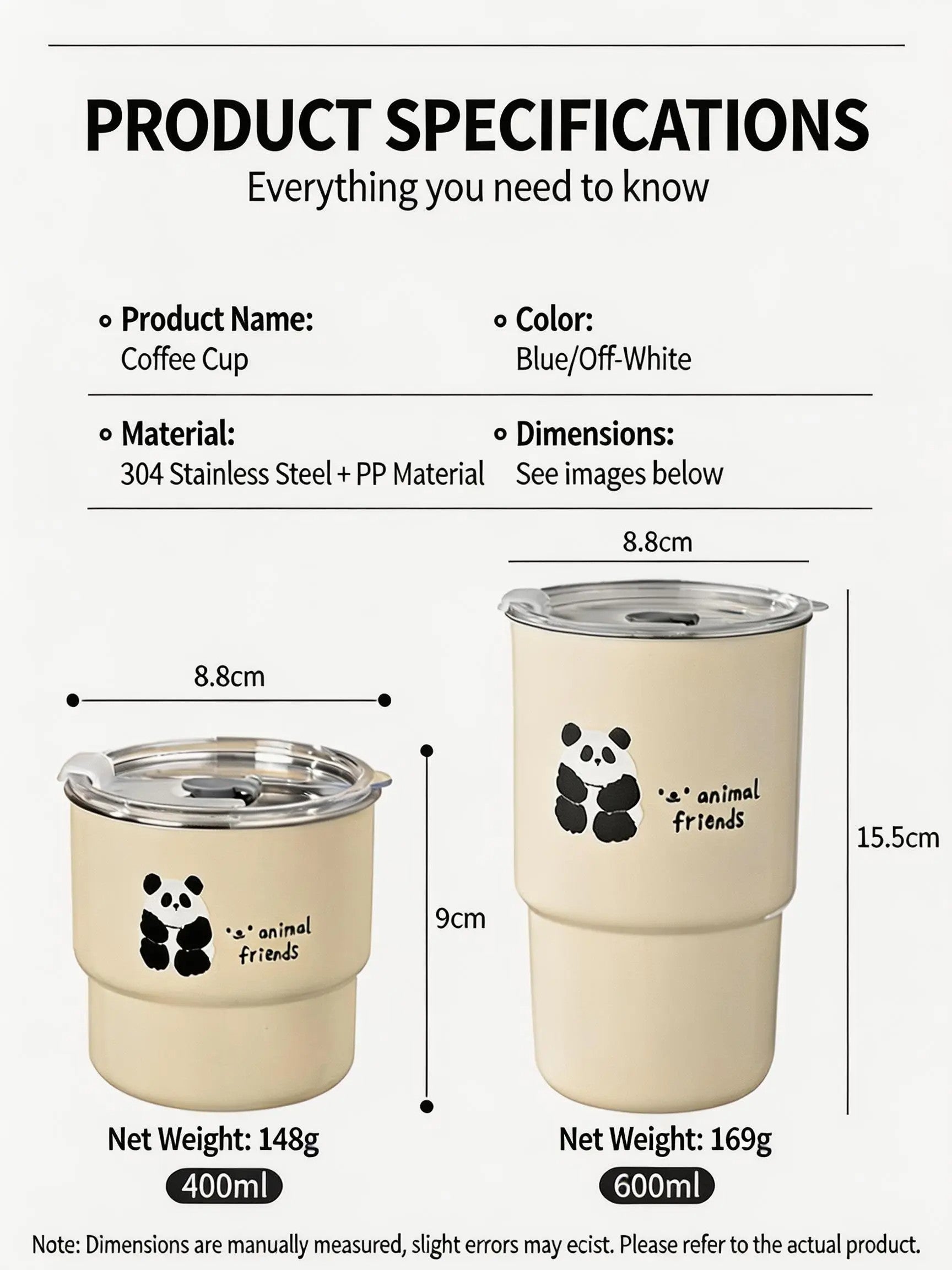 HGD Cute Panda Insulated Coffee Cup with Straw & Lid | 400/600ml Animal Theme Stainless Steel Tumbler