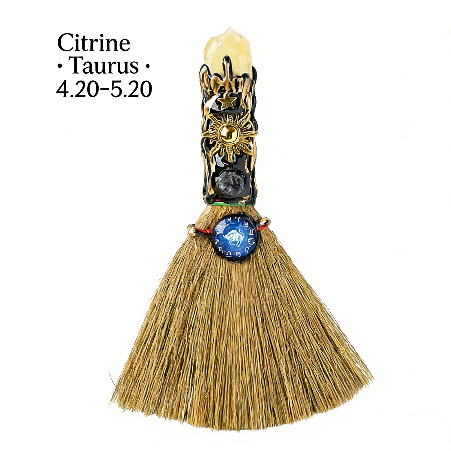 RYS Handmade Witch Broom with Natural Crystal | Zodiac Sign Altar Decor | Aries Amazonite Mini Broom for Wiccan & Pagan Gifts