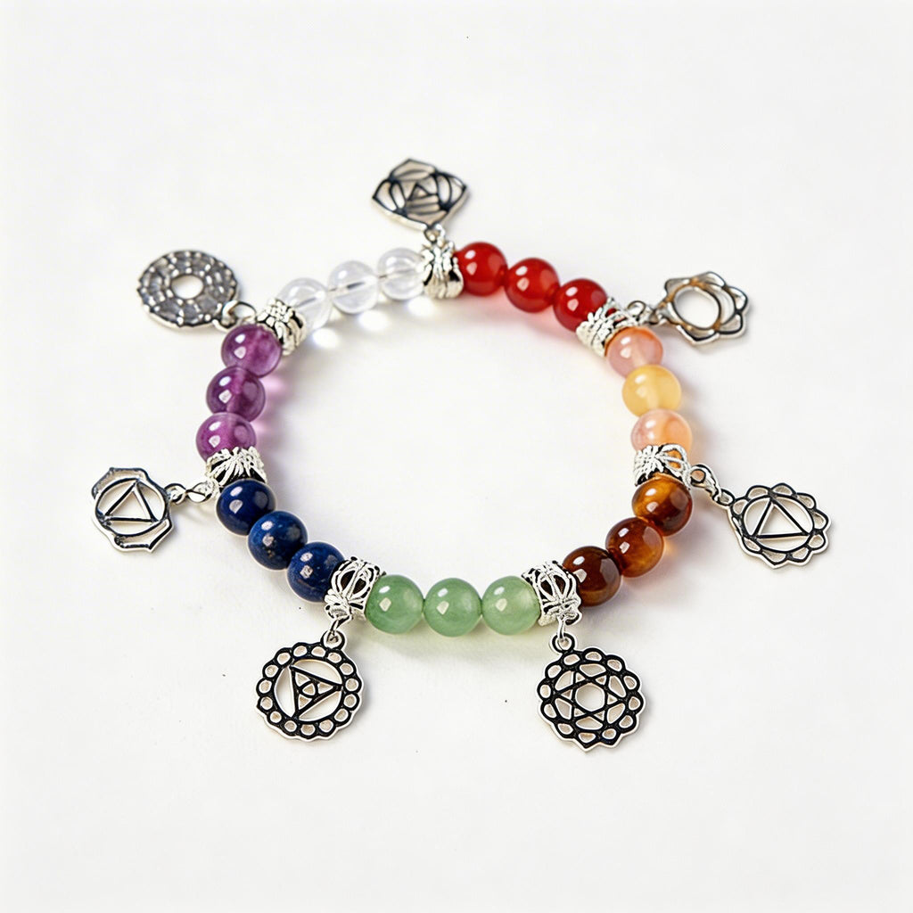 RYS Natural 7 Chakra Crystal Bracelet 8mm Silver-Plated Symbol Beaded Bracelet