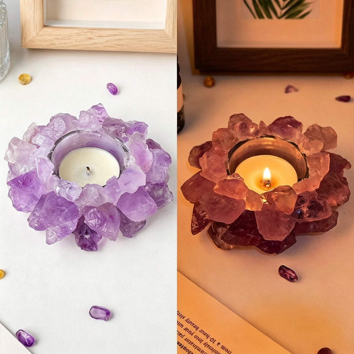 RYS Natural Raw Crystal Tealight Candle Holder, Amethyst Rose Quartz Citrine Fluorite Stone Incense Holder Base, Runyangshi Minimalist Crystal Decor Gift