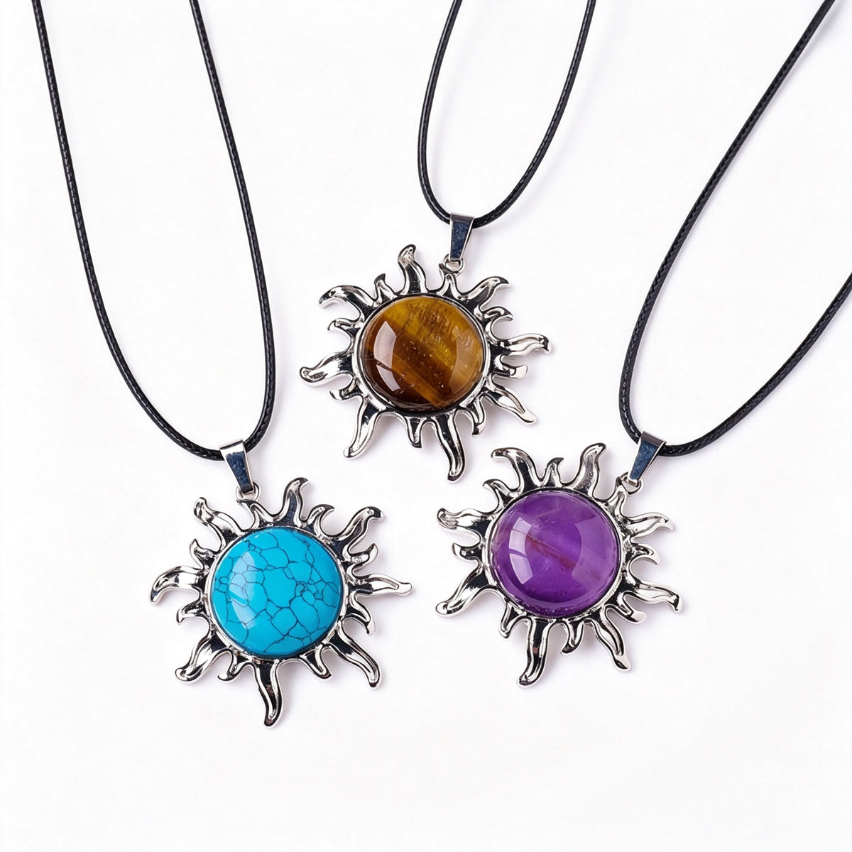 RYS Natural Gemstone Sun Pendant Vintage Alloy Charm for Necklace Jewelry Making
