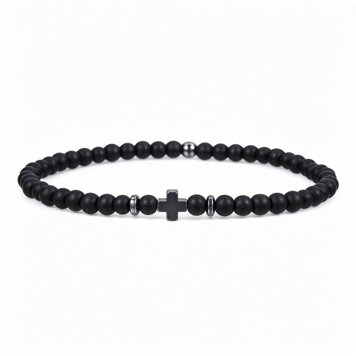 PNY Men Cross Beaded Bracelet Natural Volcanic Stone Black Obsidian Elastic Bracelet Unisex Religious Jewelry Gift