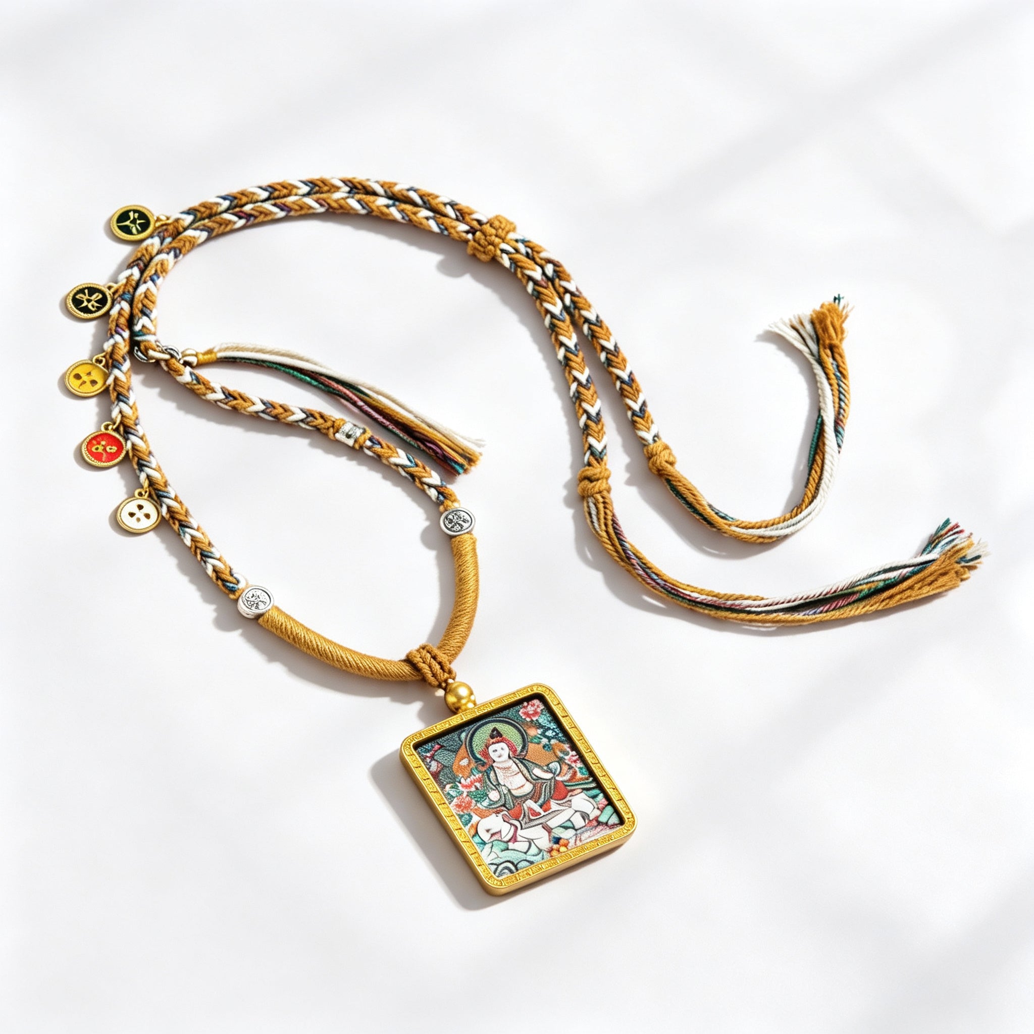 RYS Hand-Painted Thangka Buddha Pendant Necklace | 18K Gold Plated Alloy | Tibetan Patron Saint Amulet for Zodiac Signs | Spiritual Protection Jewelry