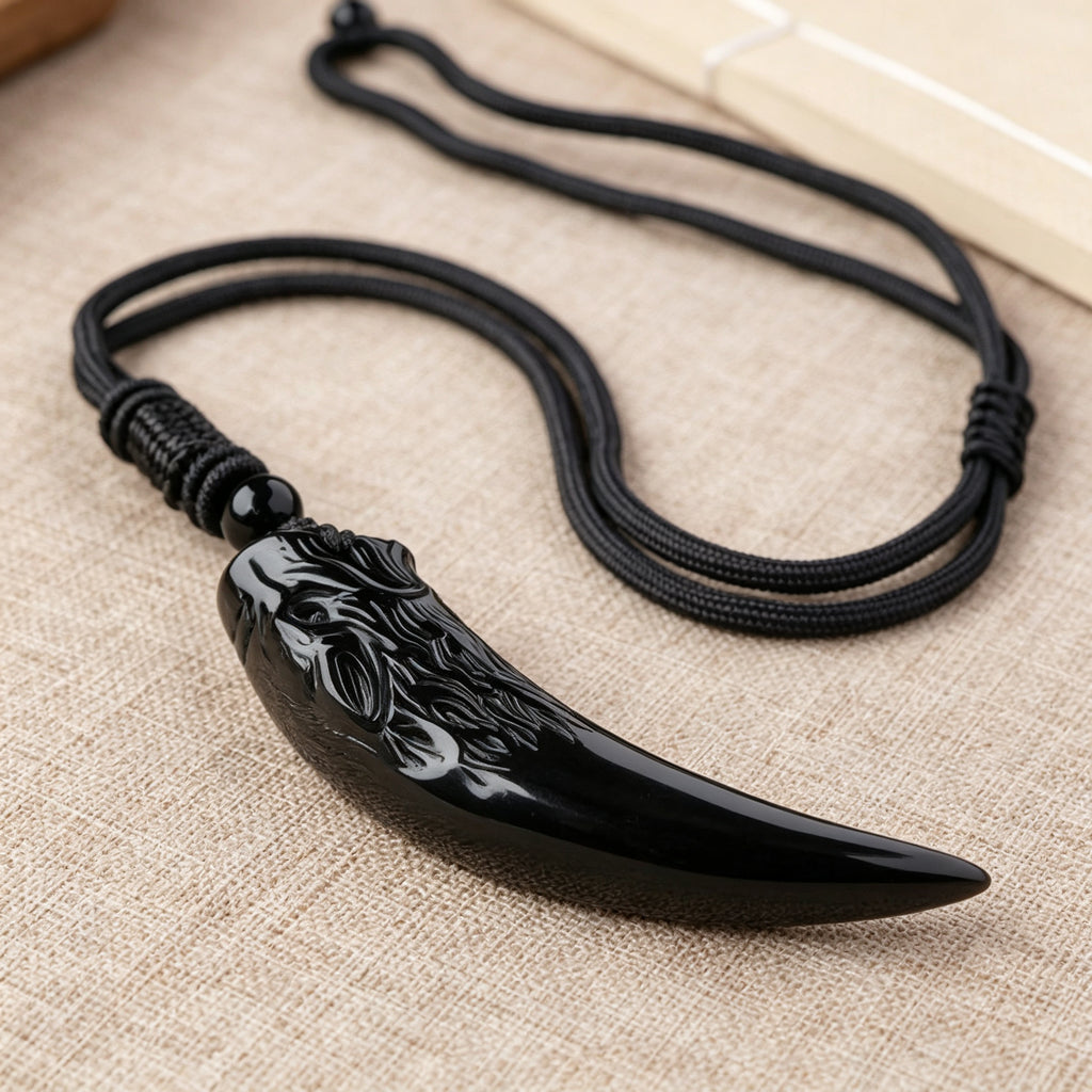 RYS Natural Obsidian Wolf Tooth Pendant Necklace for Men, Minimalist Daily Wear Jewelry Gift