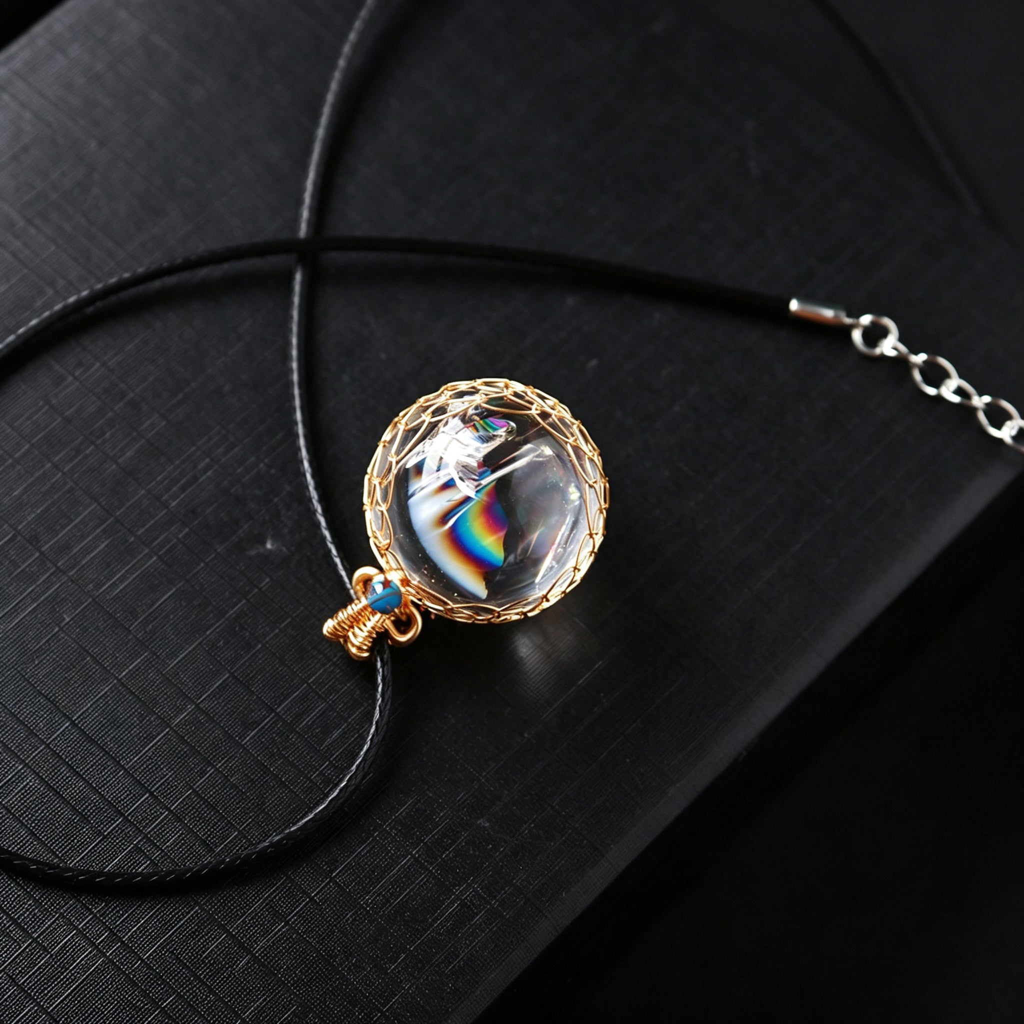 RYS Natural Azeztulite Rainbow Crystal Ball Pendant Necklace with Leather Cord